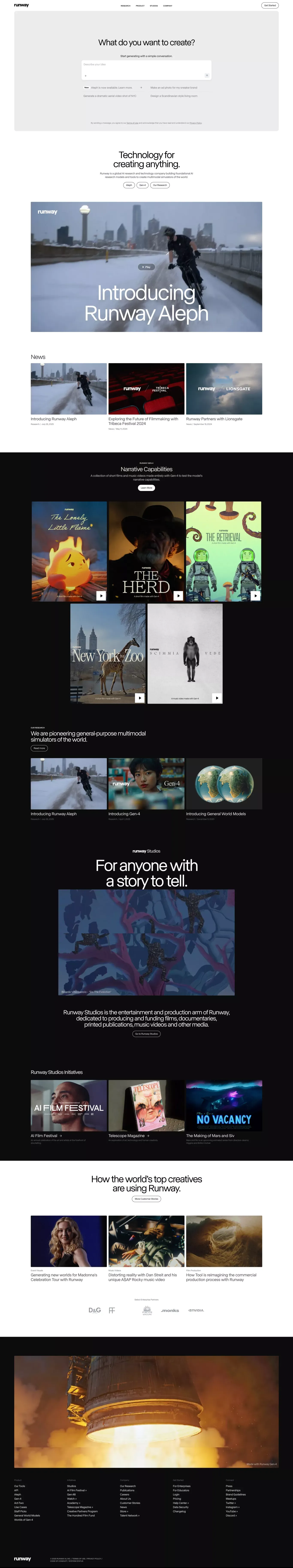 Runway landing page screenshot showcasing AI and Design design