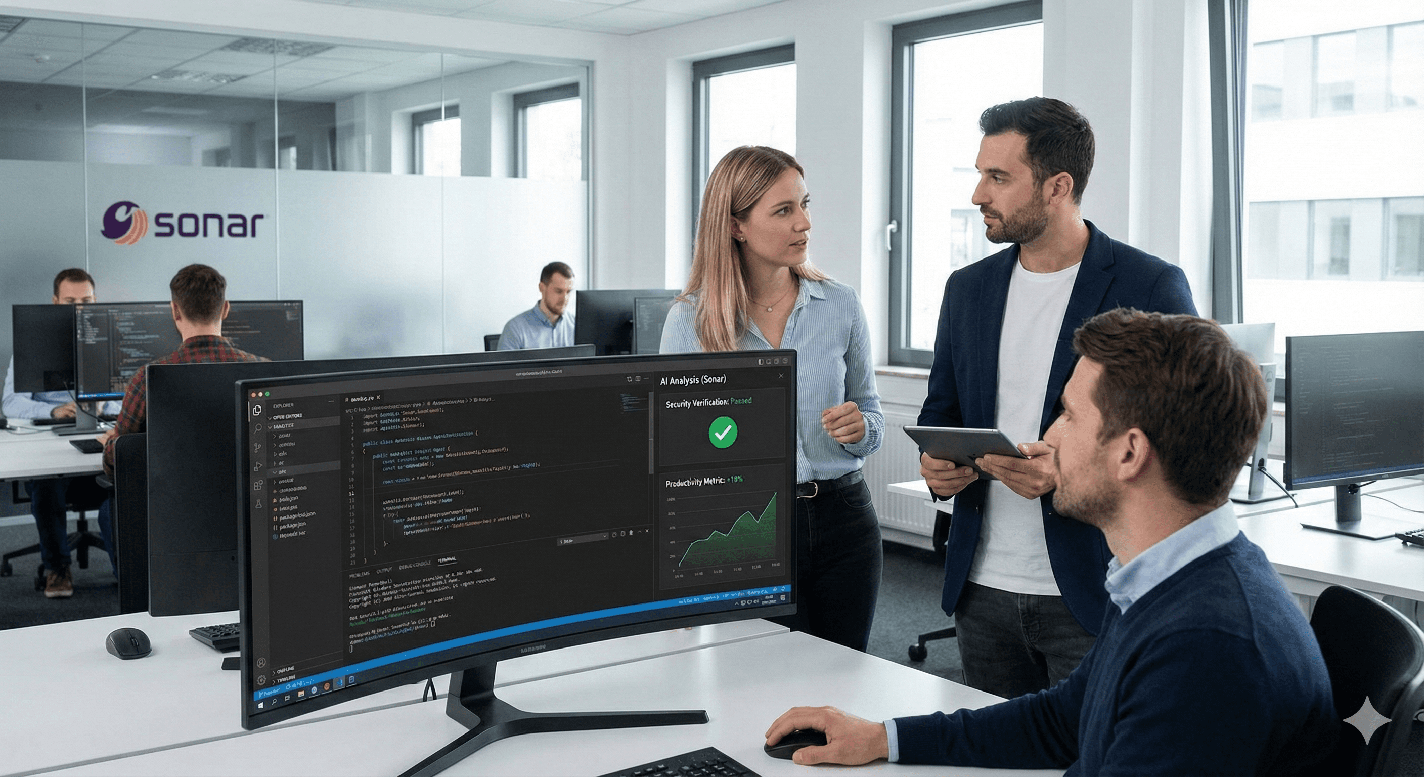In a modern office space, team members collaborate and analyze code on a large curved monitor displaying "Sonar AI Coding" software with visible graphs and analytics.