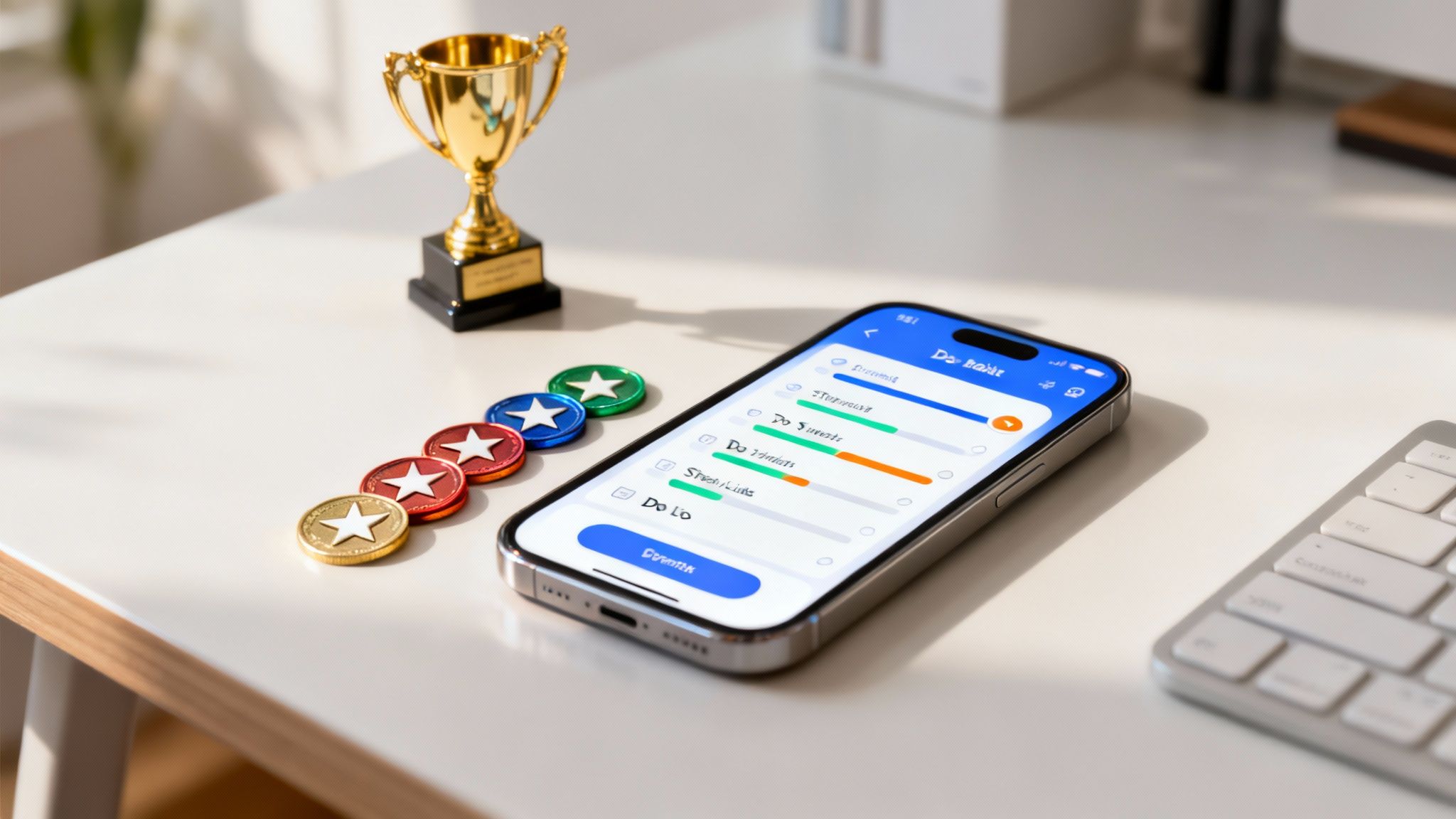 Speak4Me – A person using a laptop with colorful sticky notes and a cup of coffee, illustrating a dopamine-driven and organized workspace.