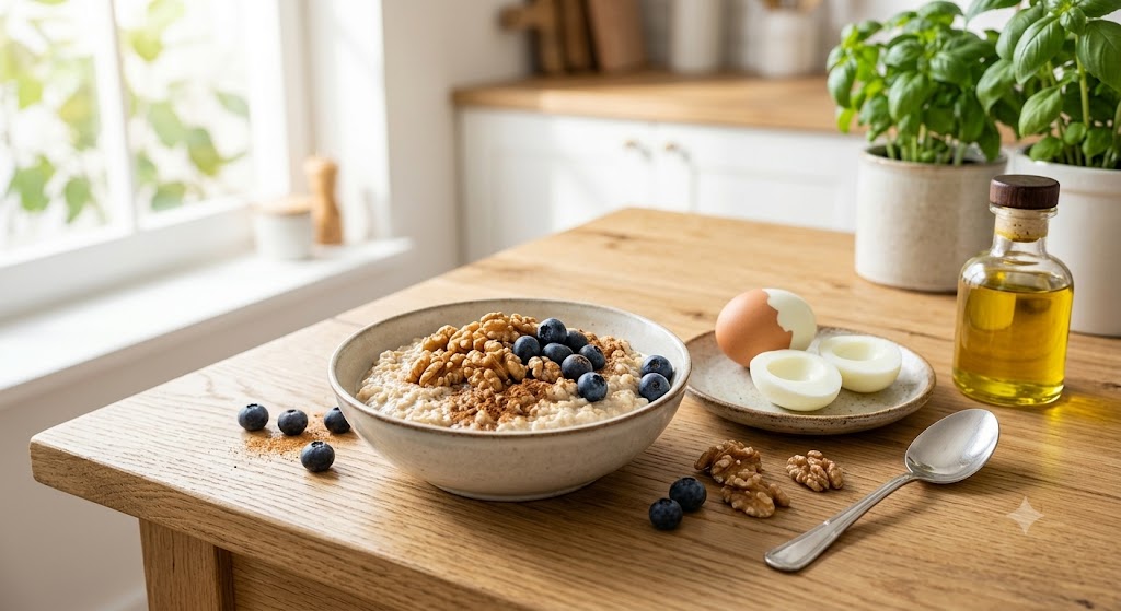 A realistic, brightly lit food photograph on a wooden table, featuring a ceramic bowl of creamy oatmeal topped with walnuts, blueberries, and cinnamon, next to a plate with a whole hard-boiled egg and sliced egg whites. A small glass bottle of extra virgin olive oil, scattered fresh berries, and a spoon are visible, with soft morning sunlight streaming from a kitchen window in the background.
