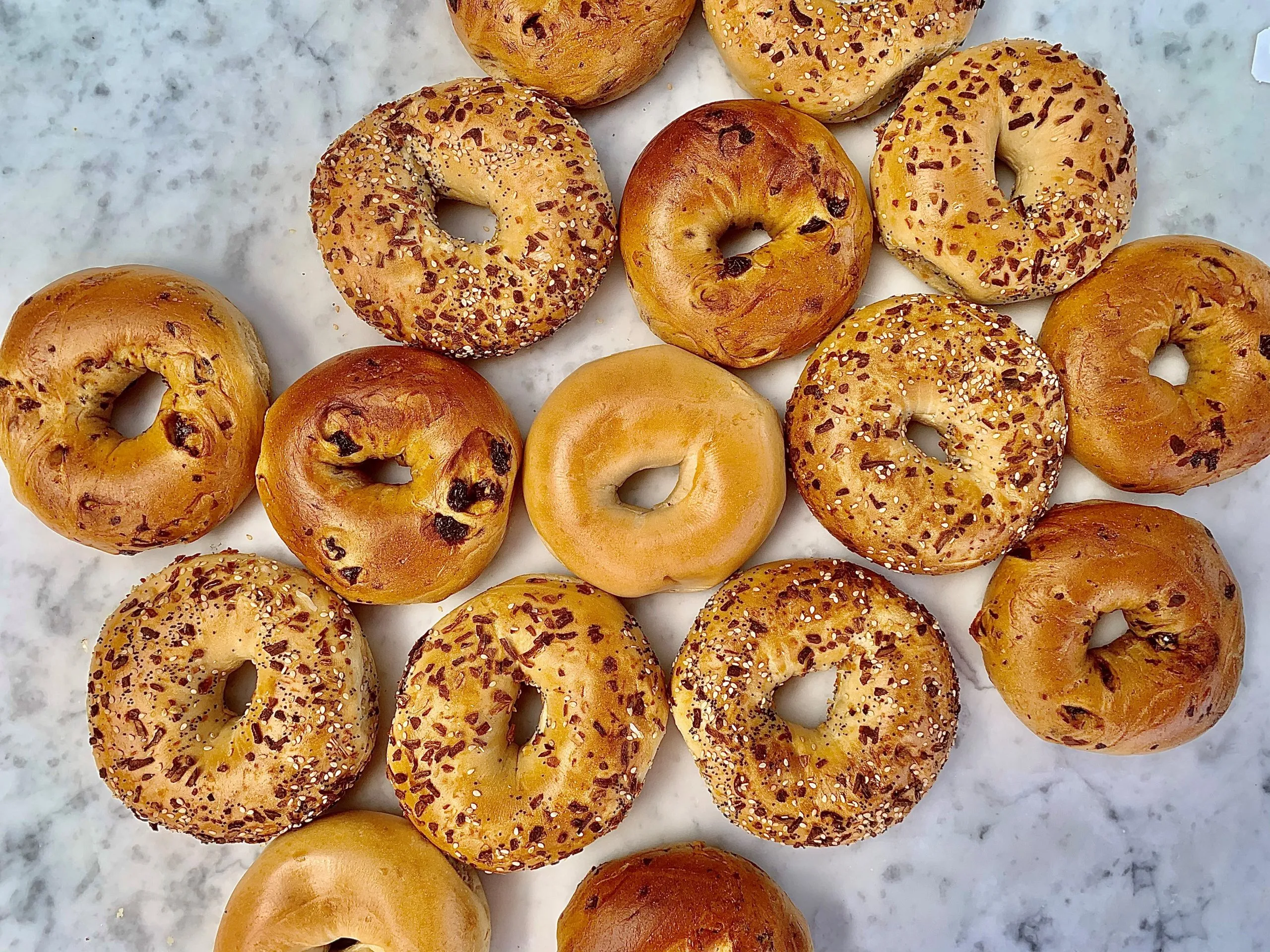 A variety of fresh baked bagels- including cinnamon raisin, plain and asiago
