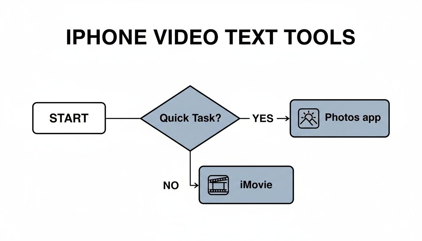 Flowchart illustrating iPhone video text tools, guiding users to Photos app for quick tasks or iMovie.
