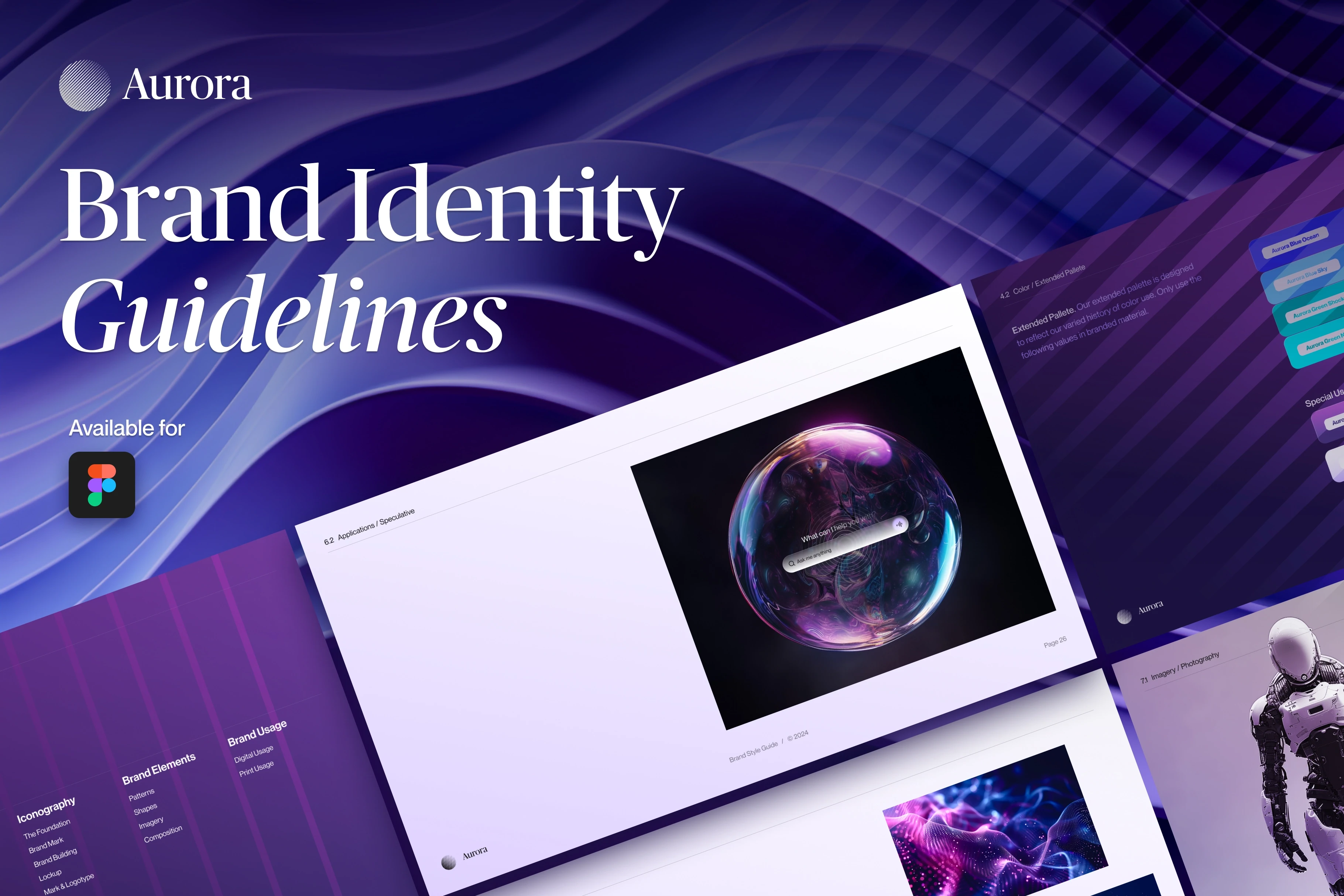 Aurora Brand Identity Guidelines cover in purple waves, showing logo designs, app icon, colorful digital artwork, and a futuristic astronaut.