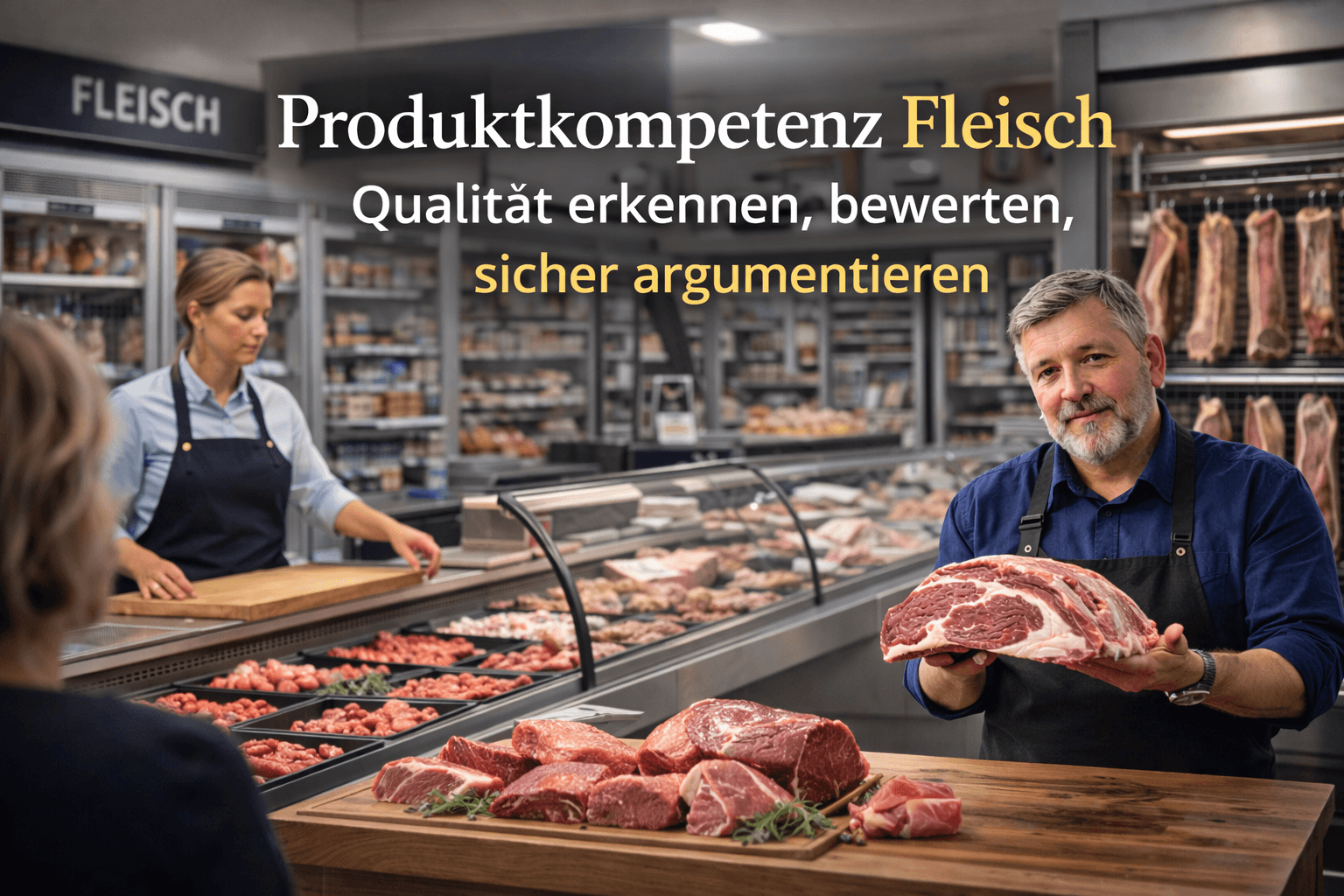 Fachliche Beratung an einer Fleischtheke als Motiv für Produktkompetenz Fleisch
