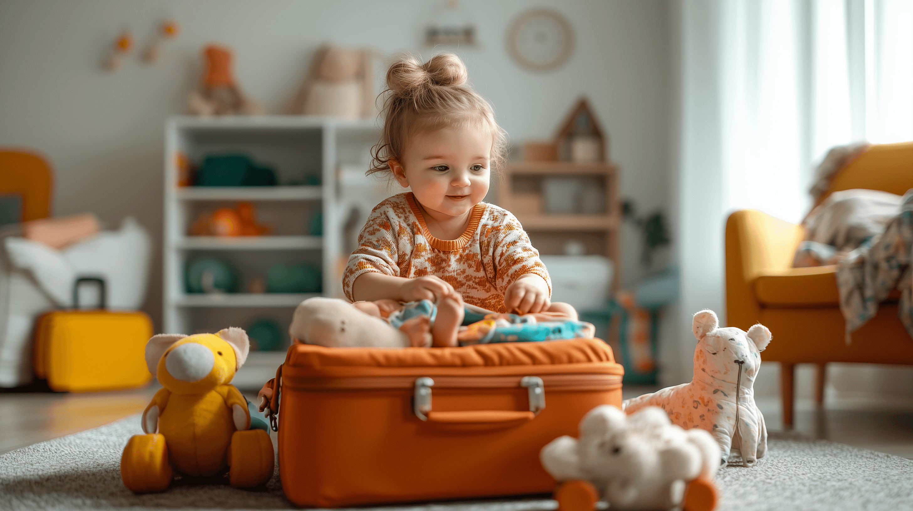 Family arranging travel essentials and baby items for a long flight