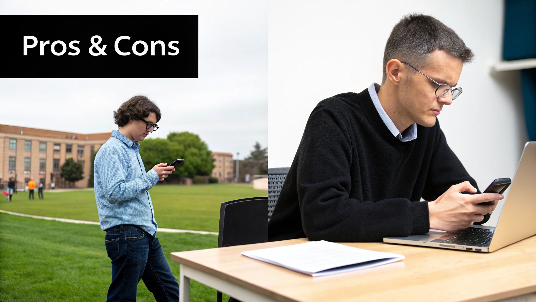 Two men, one young and one older, are using smartphones in different environments, with a 'Pros & Cons' banner.