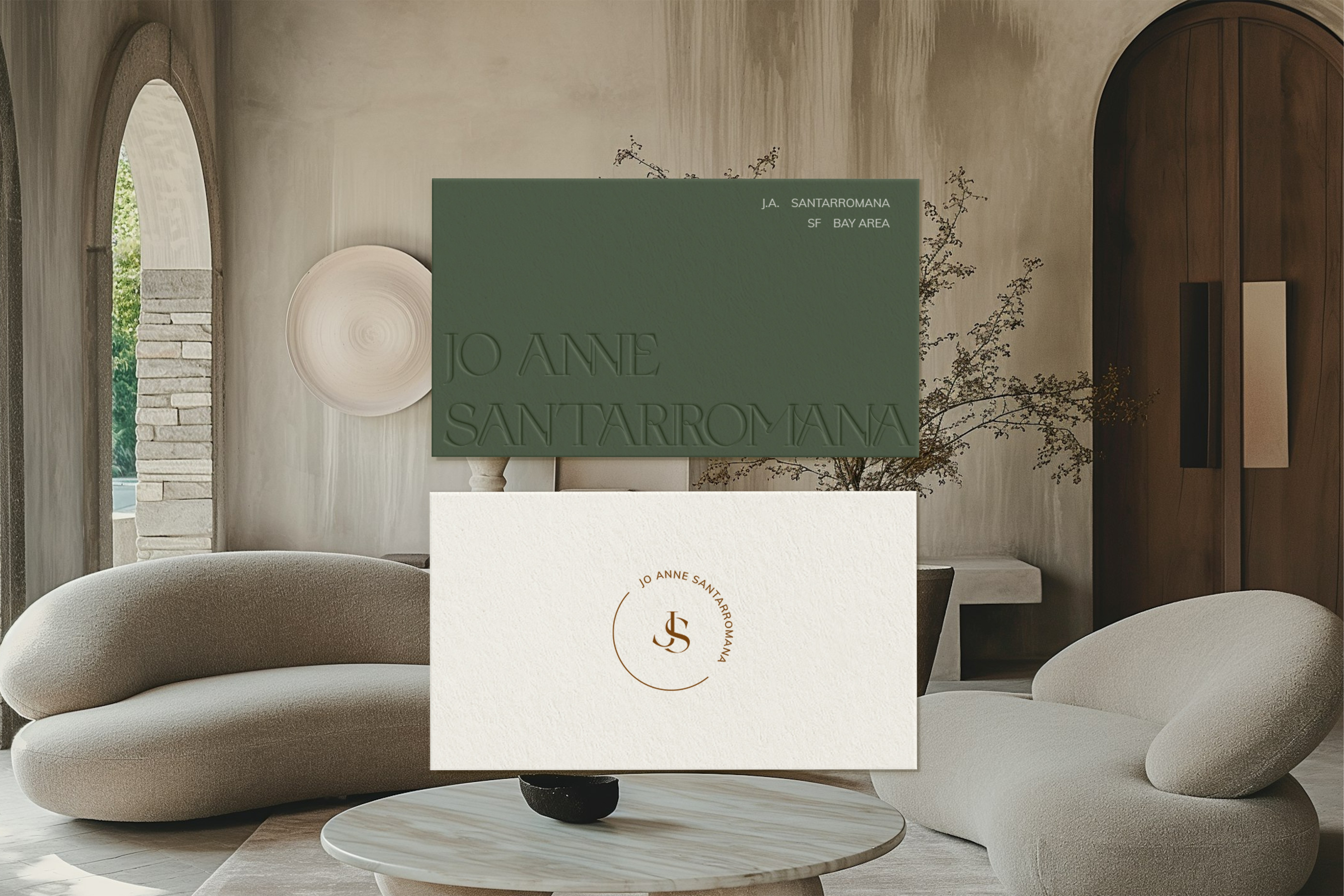 Luxury interior setting featuring Jo Anne Santarromana’s branded real estate identity, seamlessly blending modern design with warmth and exclusivity.