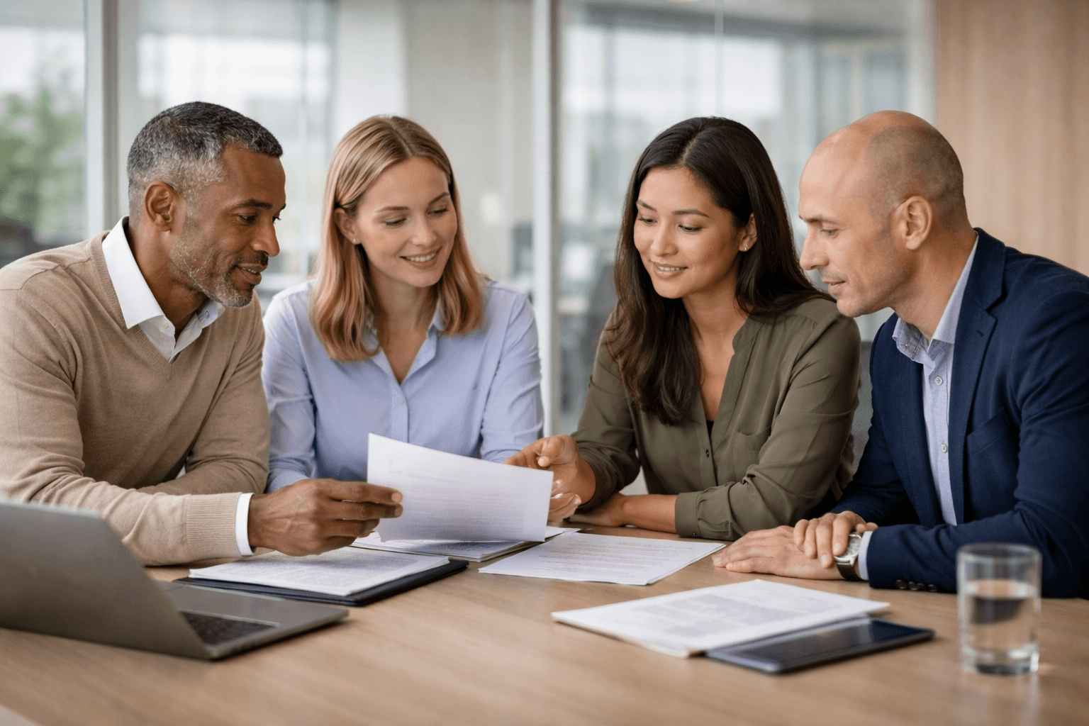 “Diverse business team in a modern office collaborating during a compliance review meeting.”