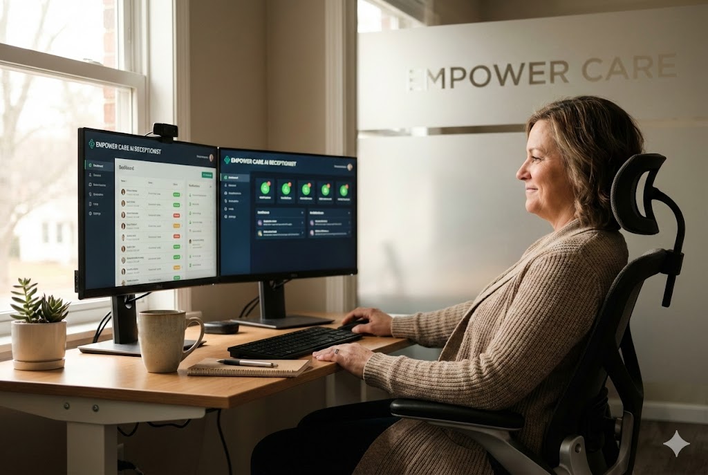 A woman in her 40s sitting in a bright, modern office, smiling with relief while looking at dual monitors displaying an organized AI receptionist dashboard with "Empower Care" branding.