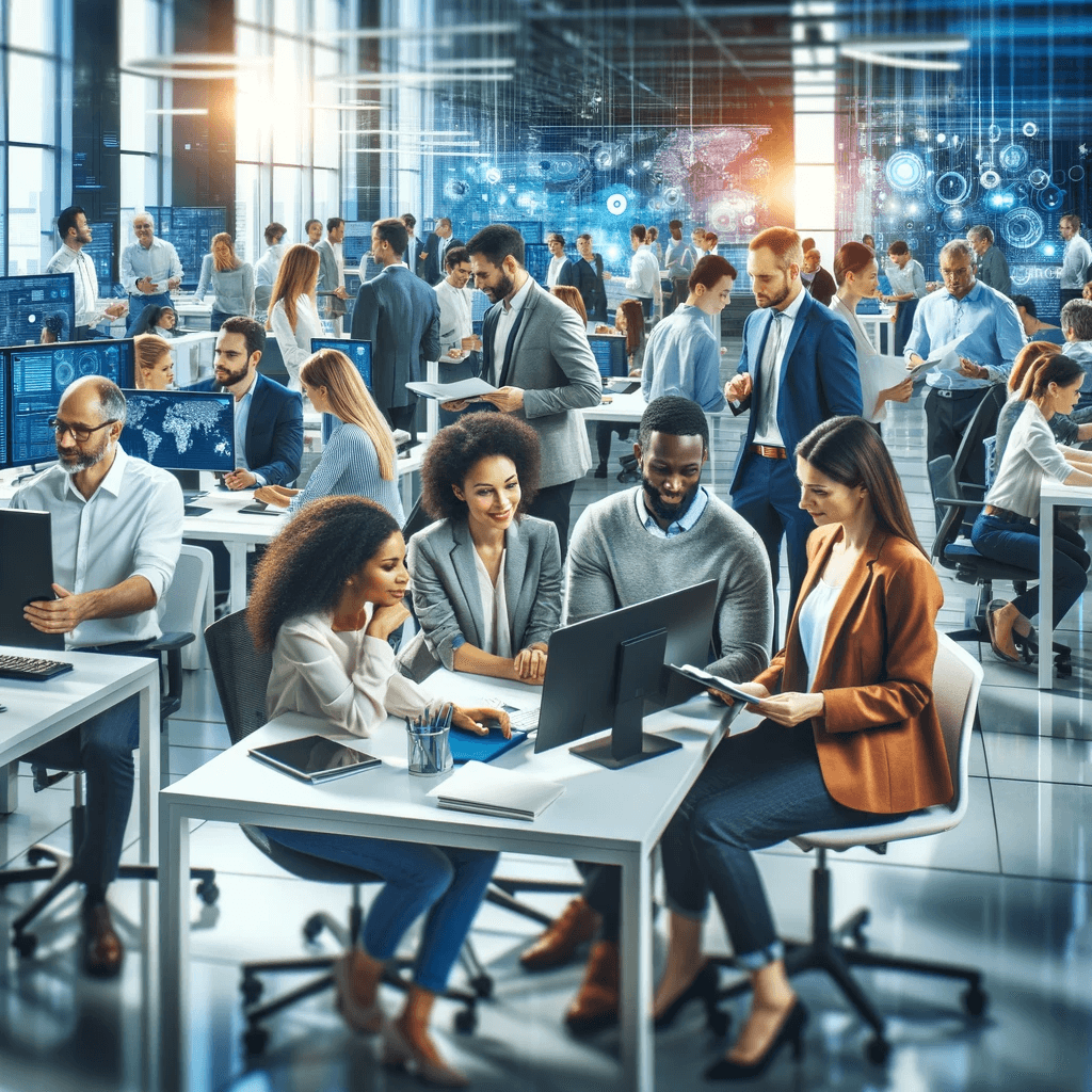 Diverse group of skilled professionals working together in a high-tech corporate setting, representing the global talent attracted by the EB Visa.