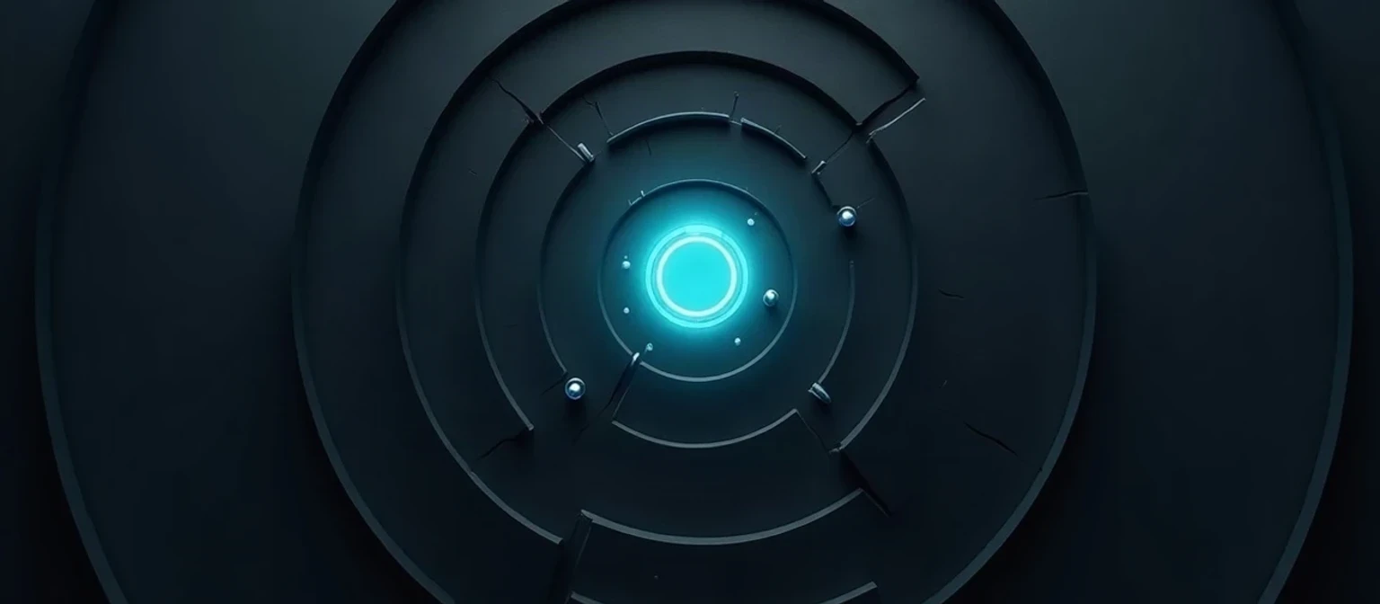 Cracked and broken dark grey concentric rings surrounding one intact glowing teal core, illustrated in Japanese minimalist ink style with teal and blue on a black background, representing the failure modes that break AI SDR deployments.