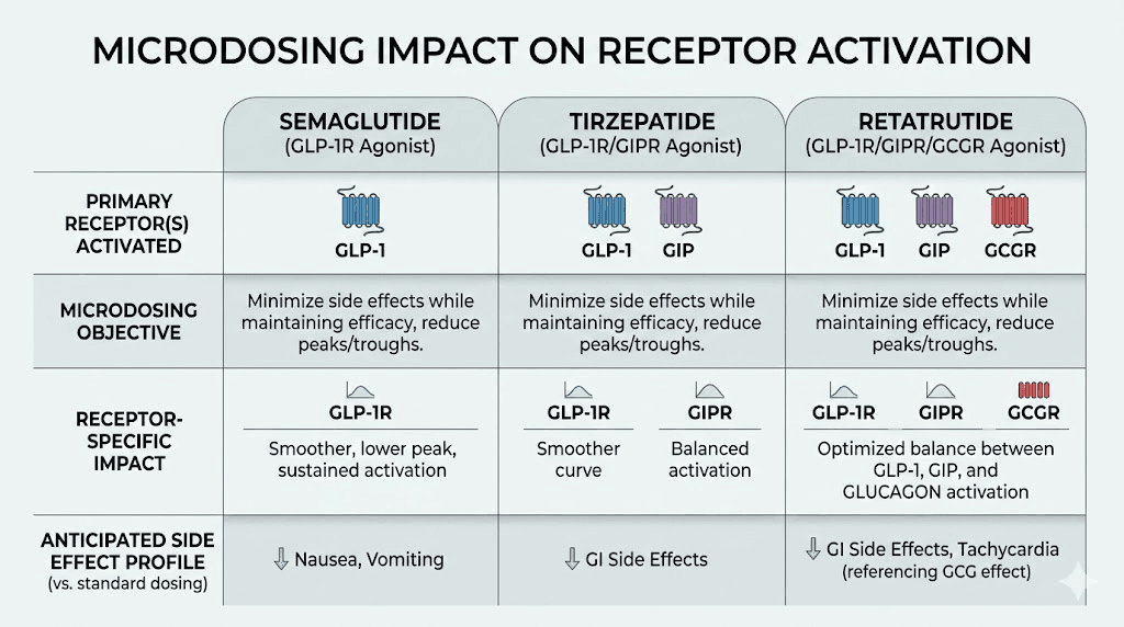 Microdosing comparison chart for semaglutide tirzepatide and retatrutide receptor activation