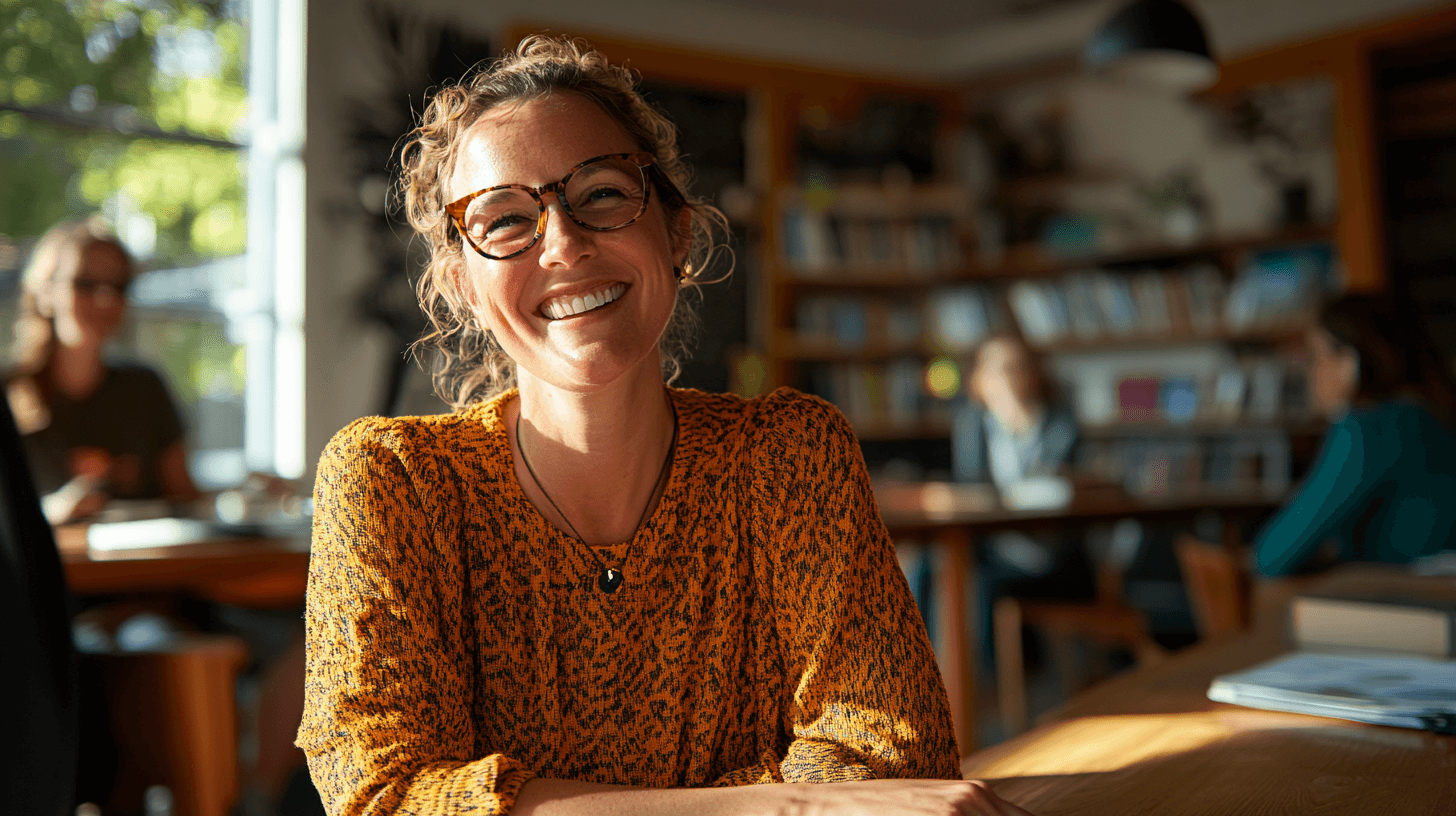 Image of a smiling woman working in a bright workspace.