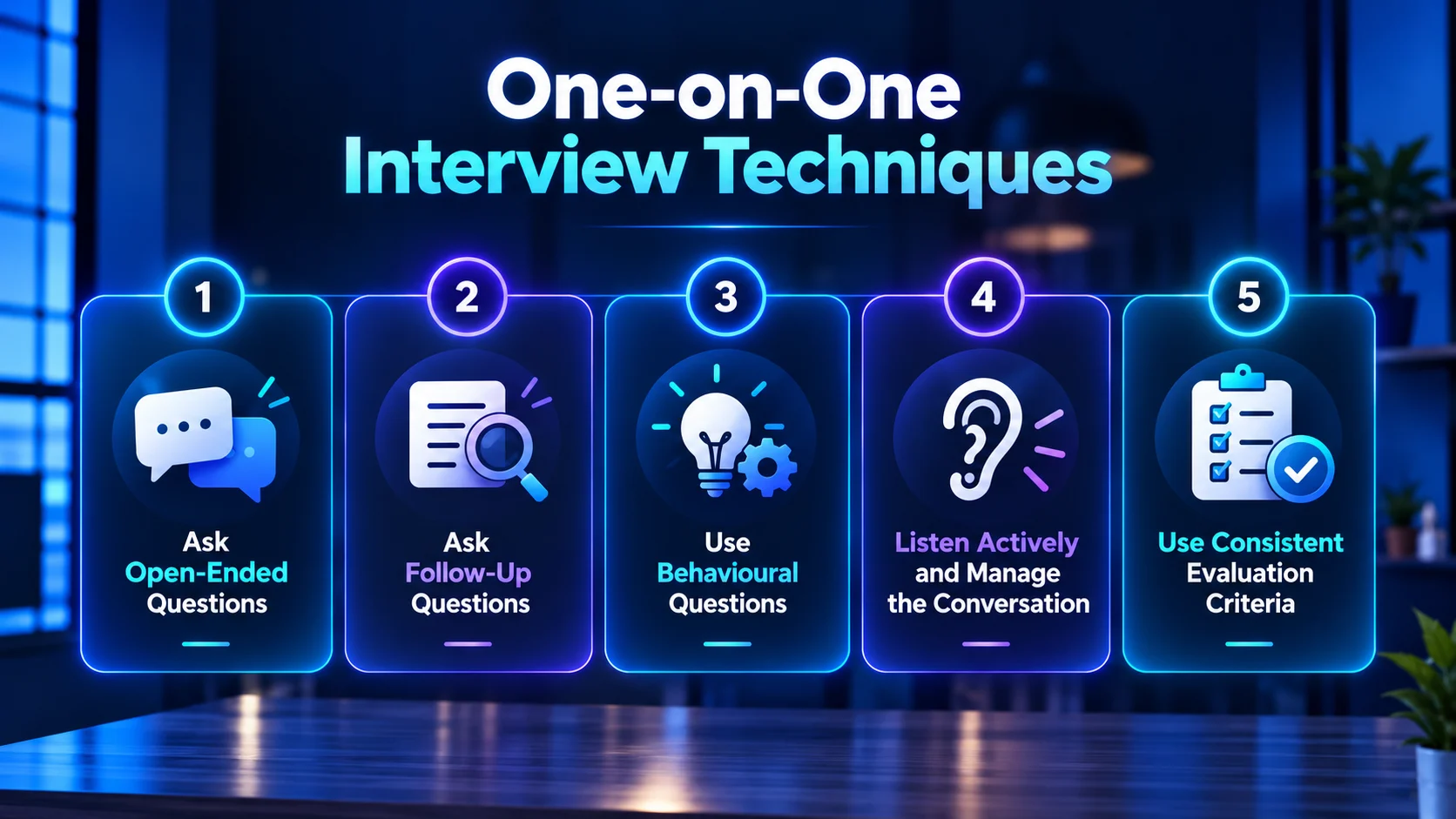 One-on-one interview techniques infographic with five key techniques.