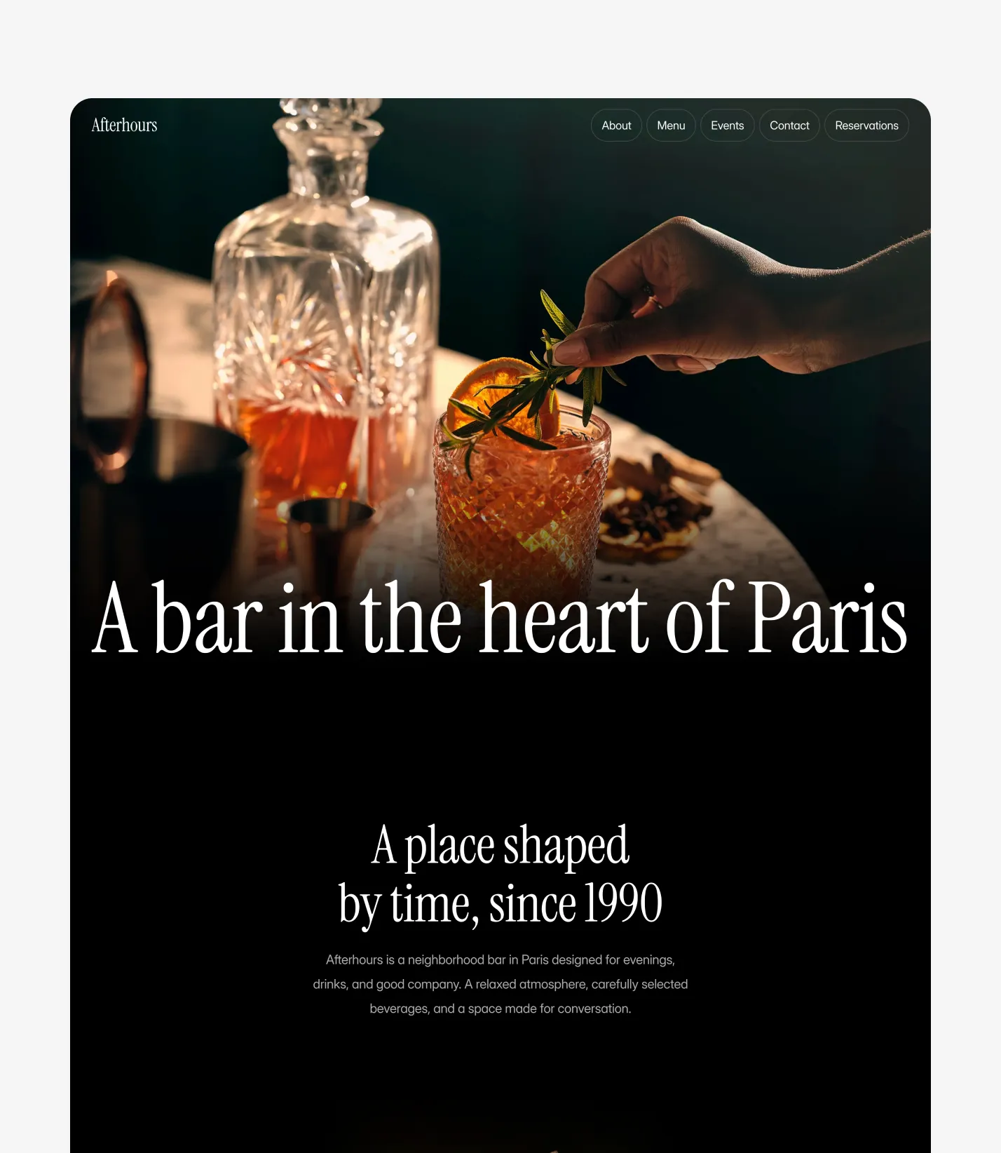 Bar and restaurant website template preview featuring a dark, atmospheric design with cocktails and elegant typography.