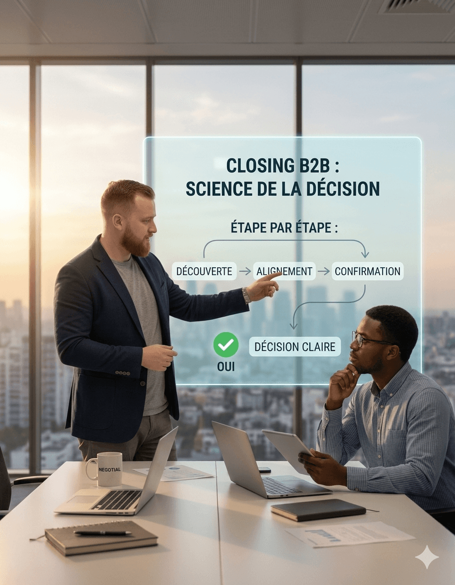 Consultant Negotial expliquant le processus de closing B2B sain et structuré à un dirigeant de PME lors d'une réunion de conseil.