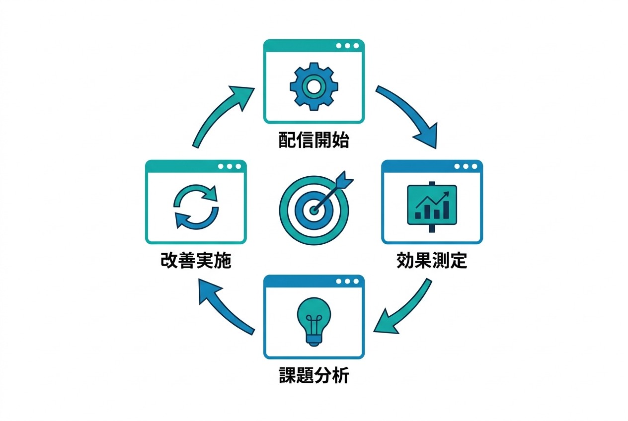 クリエイティブの継続改善サイクル。配信開始→効果測定→課題分析→改善実施を2週間ごとに回すことで、CTRとCVRの向上を実現する。データに基づいた改善により、広告費対効果を最大化できる。