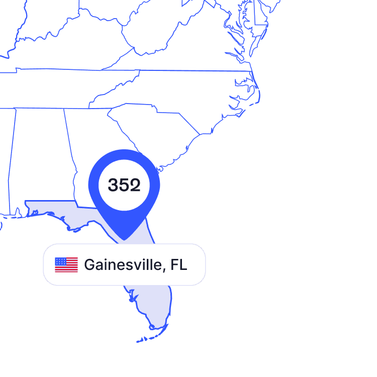 US map of 352 area code phone numbers and its coverage region