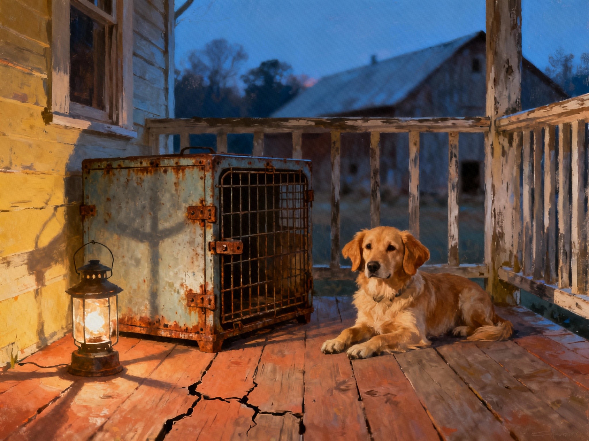 A fine-art illustration style in a format portraying a rustic farmhouse porch at dusk, illuminated