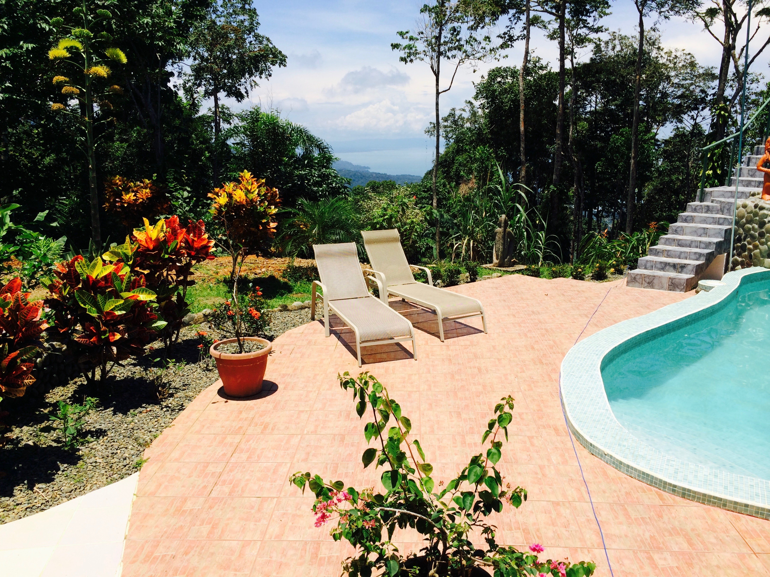 view of launching chairs by the pool view of mountains and jungle