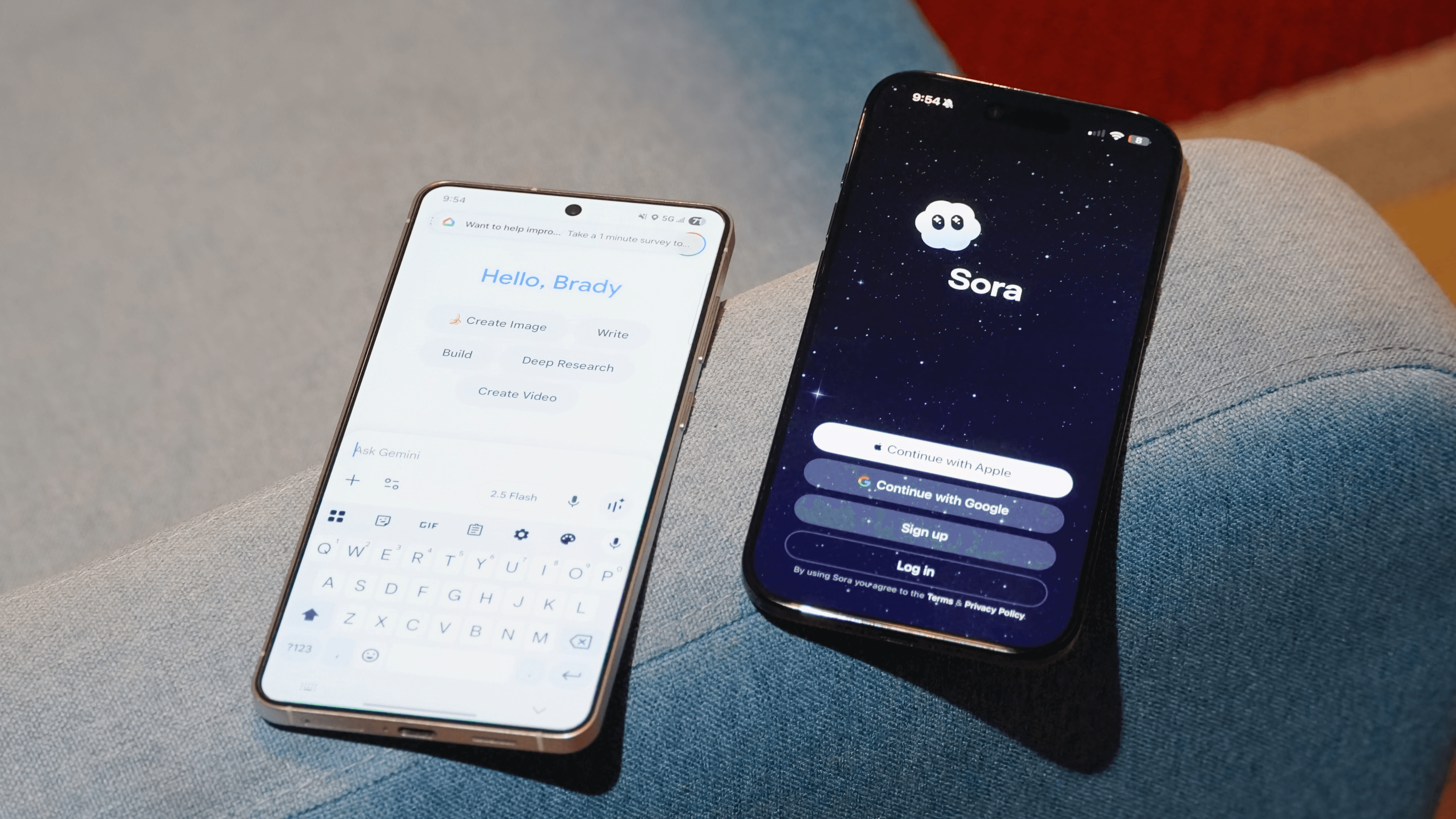 Two smartphones displaying AI mobile applications - Sora 2 vs Veo 3
