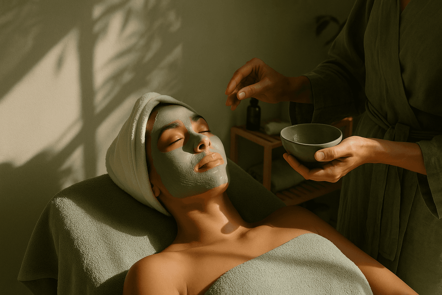 A close-up of a serene face illuminated by soft light, with shadows creating a patterned effect across the skin.