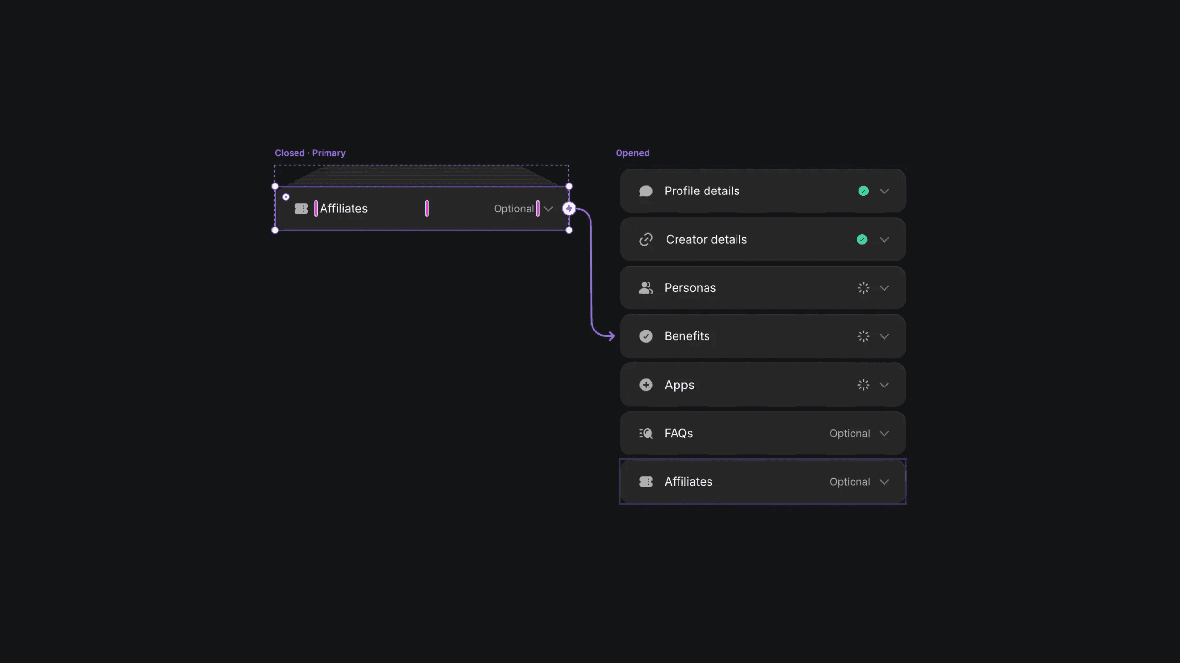Accordion component showing closed and opened state variants