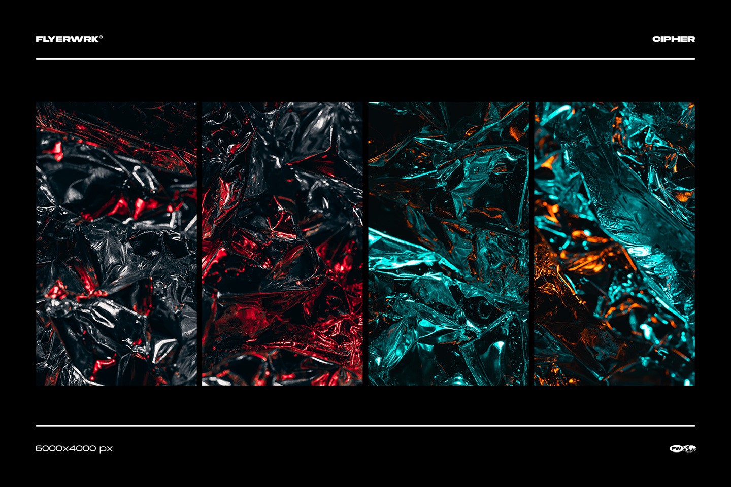 Selection of Cipher abstract metal foil textures with vibrant red teal and orange color gradients