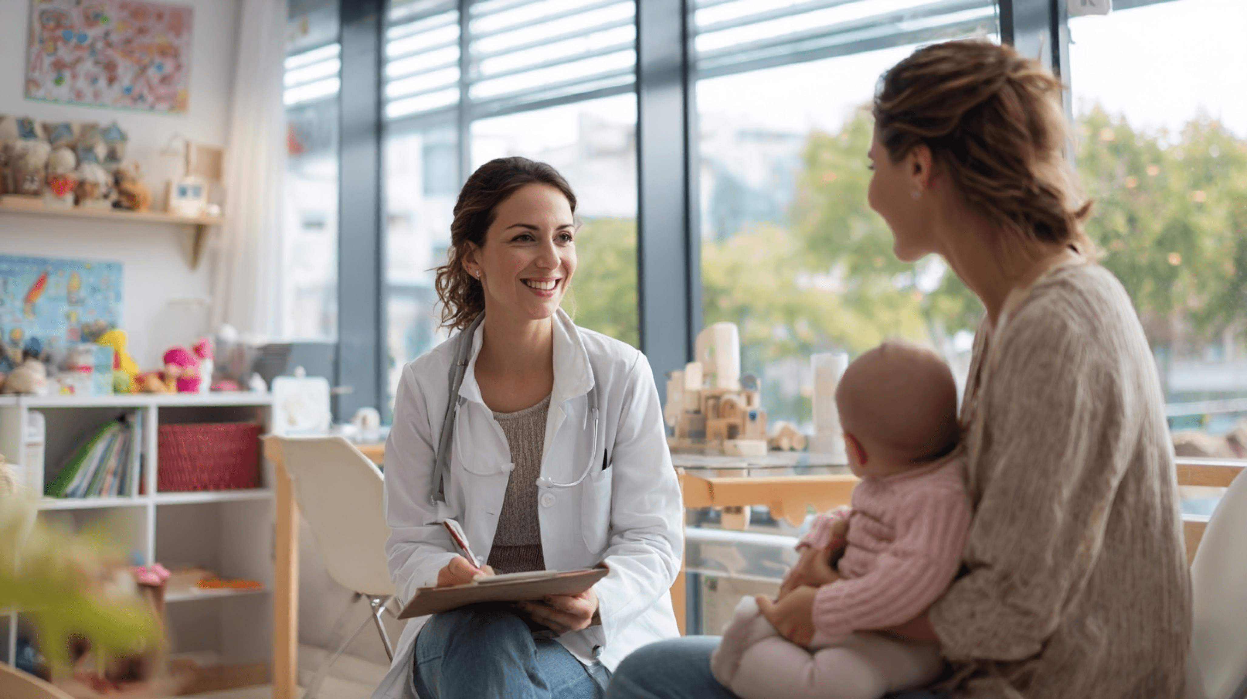 Photo du médecin avec une patiente et son bébé