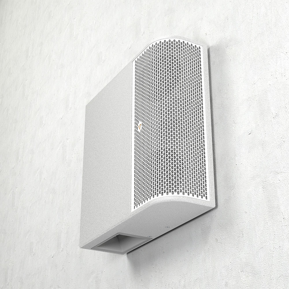 White speaker with perforated grille on a white wall.