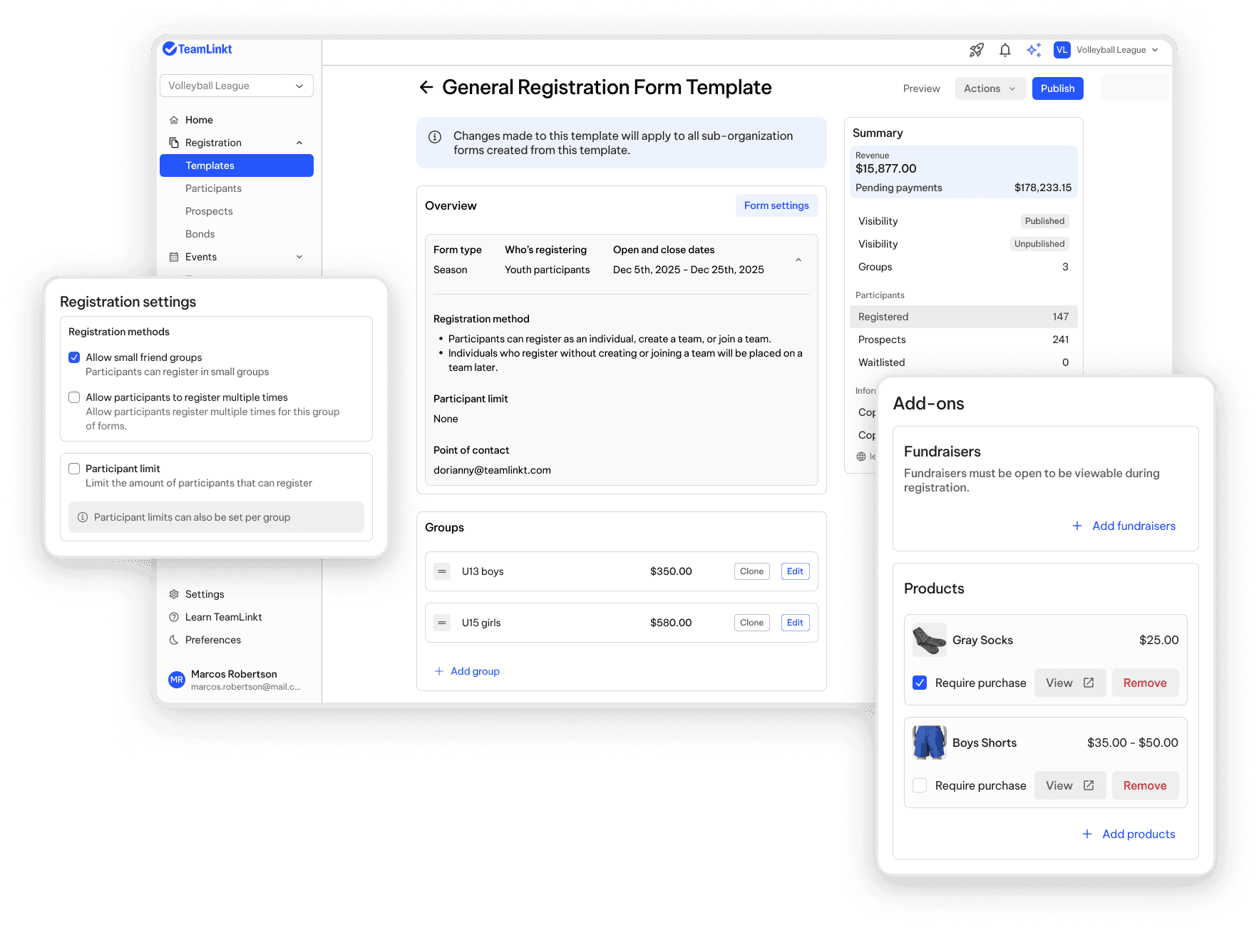 TeamLinkt registration template settings showing customizable form fields and add-ons for multi-location sports organizations