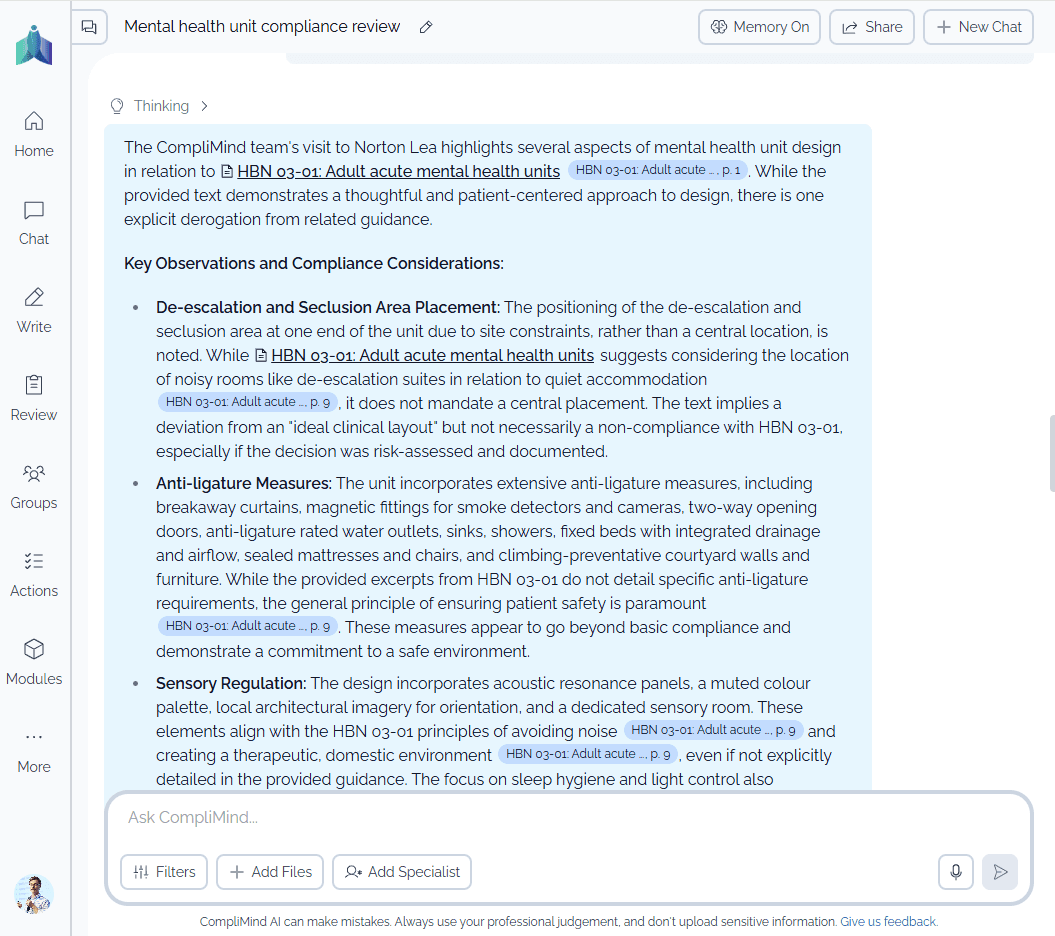 CompliMind chat reviewing Norton Lea mental health unit design against HBN 03-01