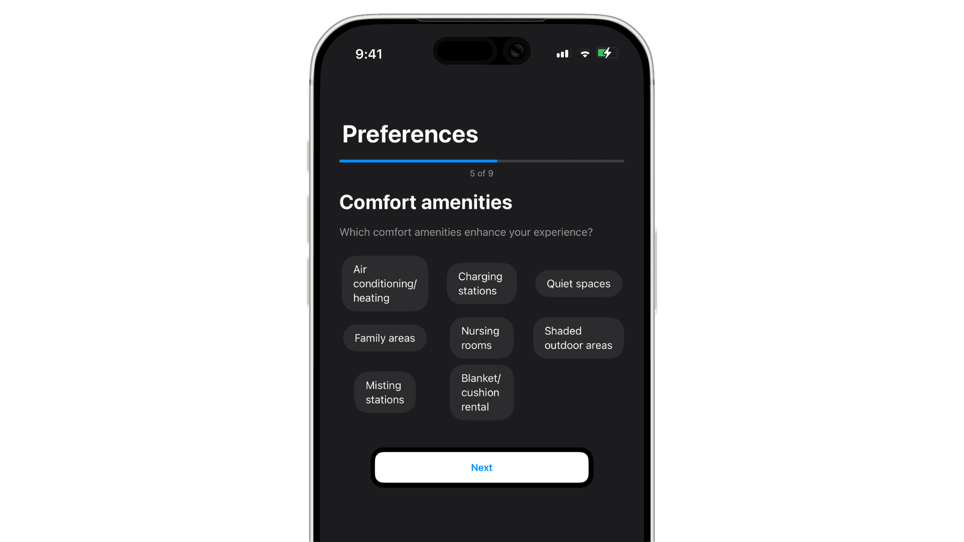 Graphic: FCA preferences screen showing comfort amenity options including charging stations, quiet spaces, family areas, and nursing rooms.