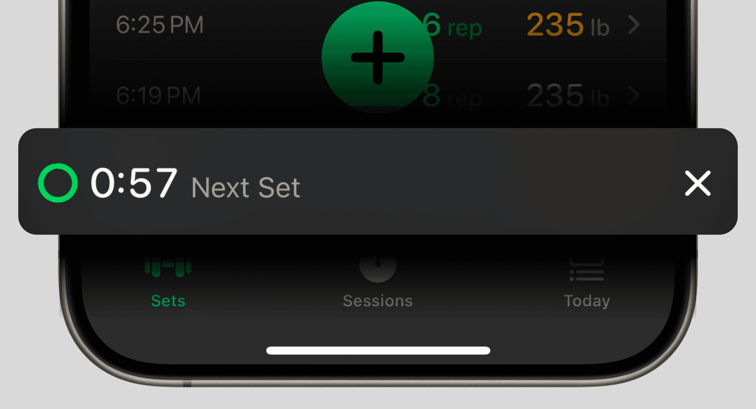 A smartphone screen displaying the Setgraph workout tracking app with a timer notification for the "Next Set." The timer is counting down, showing "0:57" with a green progress ring partially completed around the time. An "X" icon on the right allows the user to close the notification. In the background, parts of the app interface are visible, including logged workout sets with repetitions and weight (e.g., "6 rep, 235 lb") and navigation options for "Sets," "Sessions," and "Today" at the bottom.