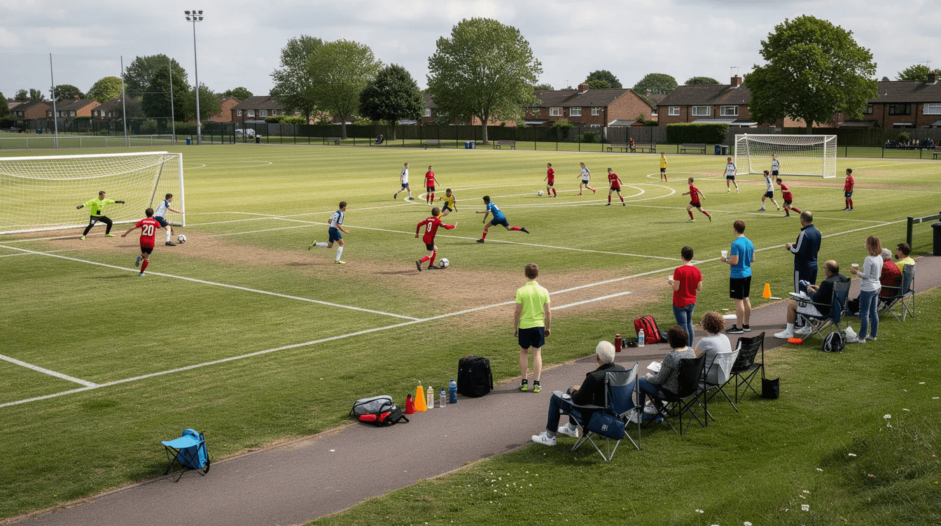 The image depicts multiple youth football teams engaged in play on adjacent community pitches, showcasing the vibrant atmosphere of grassroots football. Coaches and players are actively participating in the game, emphasizing the importance of club development and the long-term sustainability of the football industry.