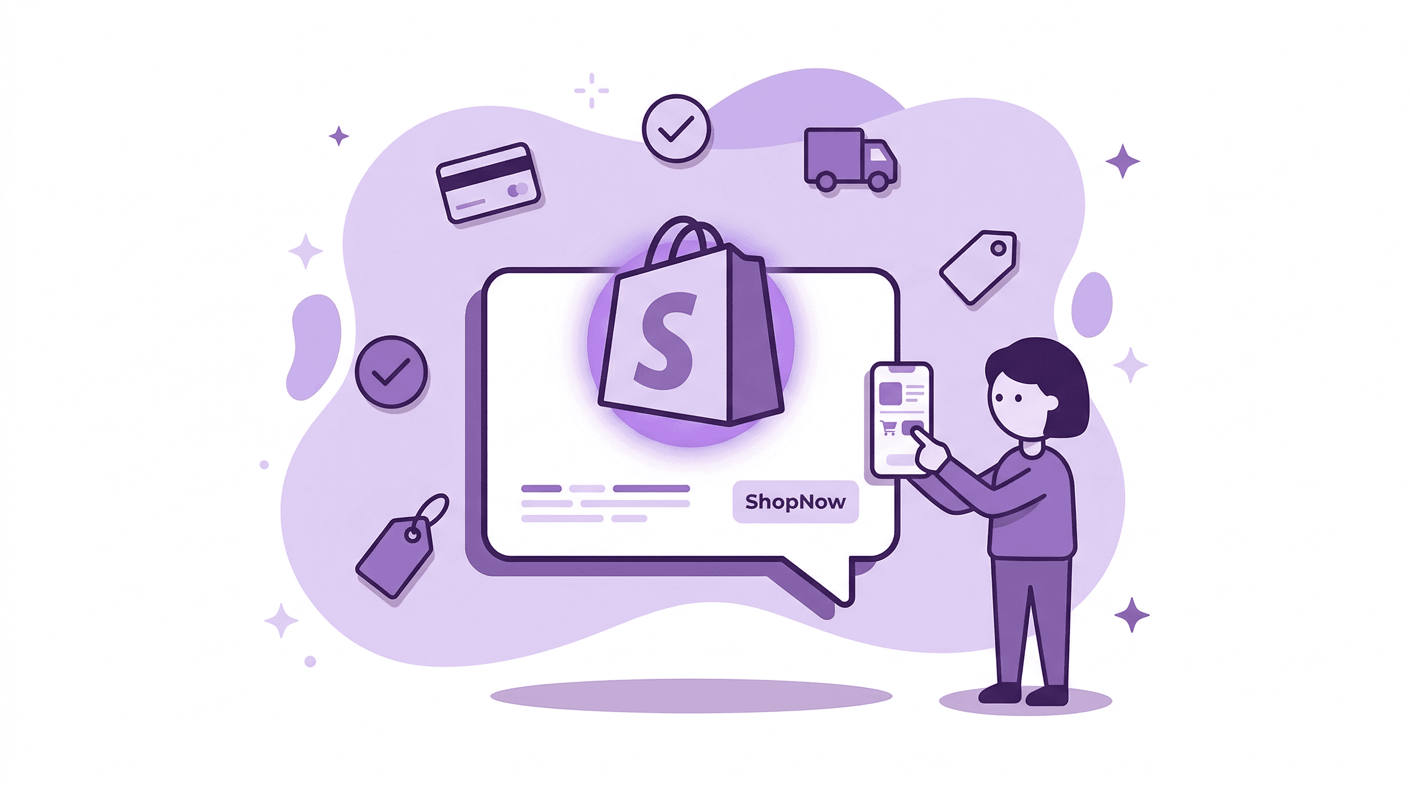 Flat purple vector illustration of a large chat bubble with a glowing Shopify shopping bag emerging from it, surrounded by floating ecommerce icons including a credit card, checkmark, delivery truck, and price tag. A simplified person stands beside it, tapping a smartphone against a white background with soft purple blob shapes and sparkles.