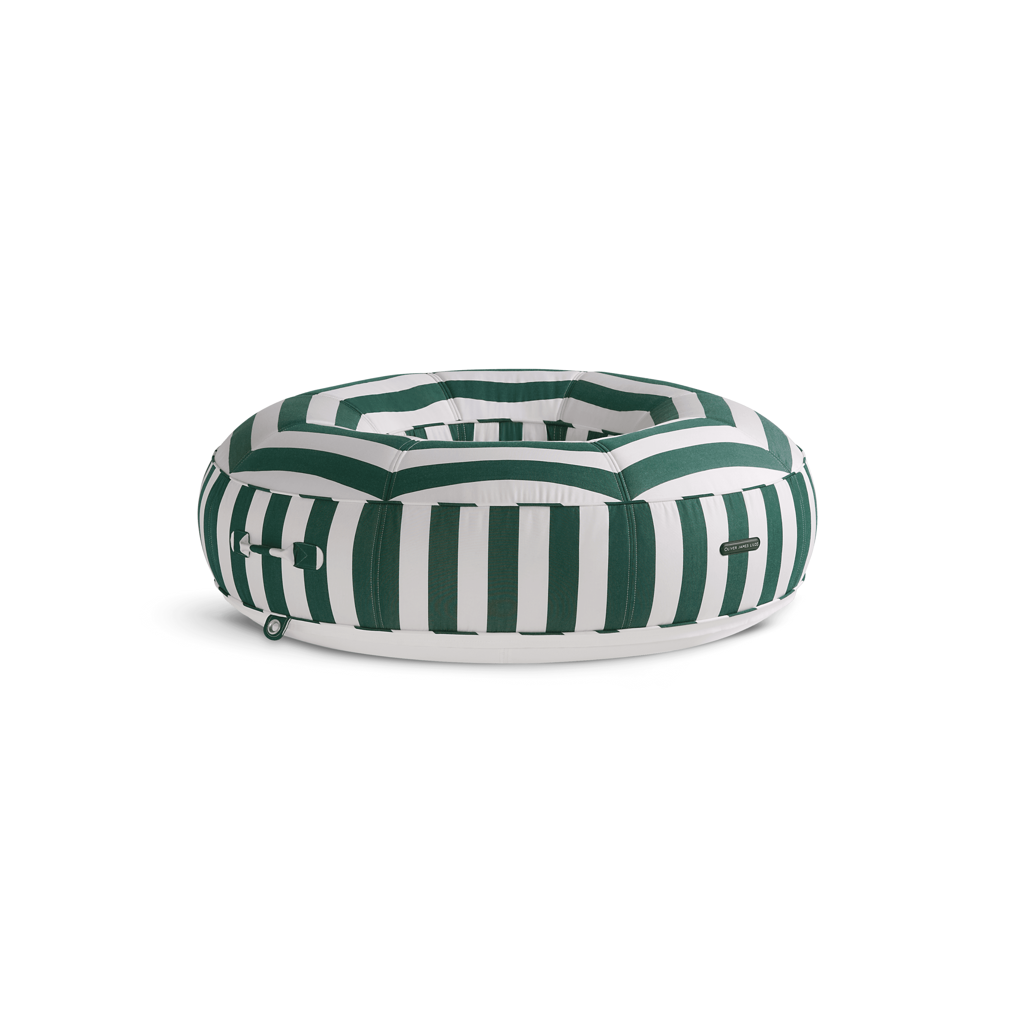 Ring-shaped luxury pool float in bold green-and-white stripe canvas with quilted panels and white base