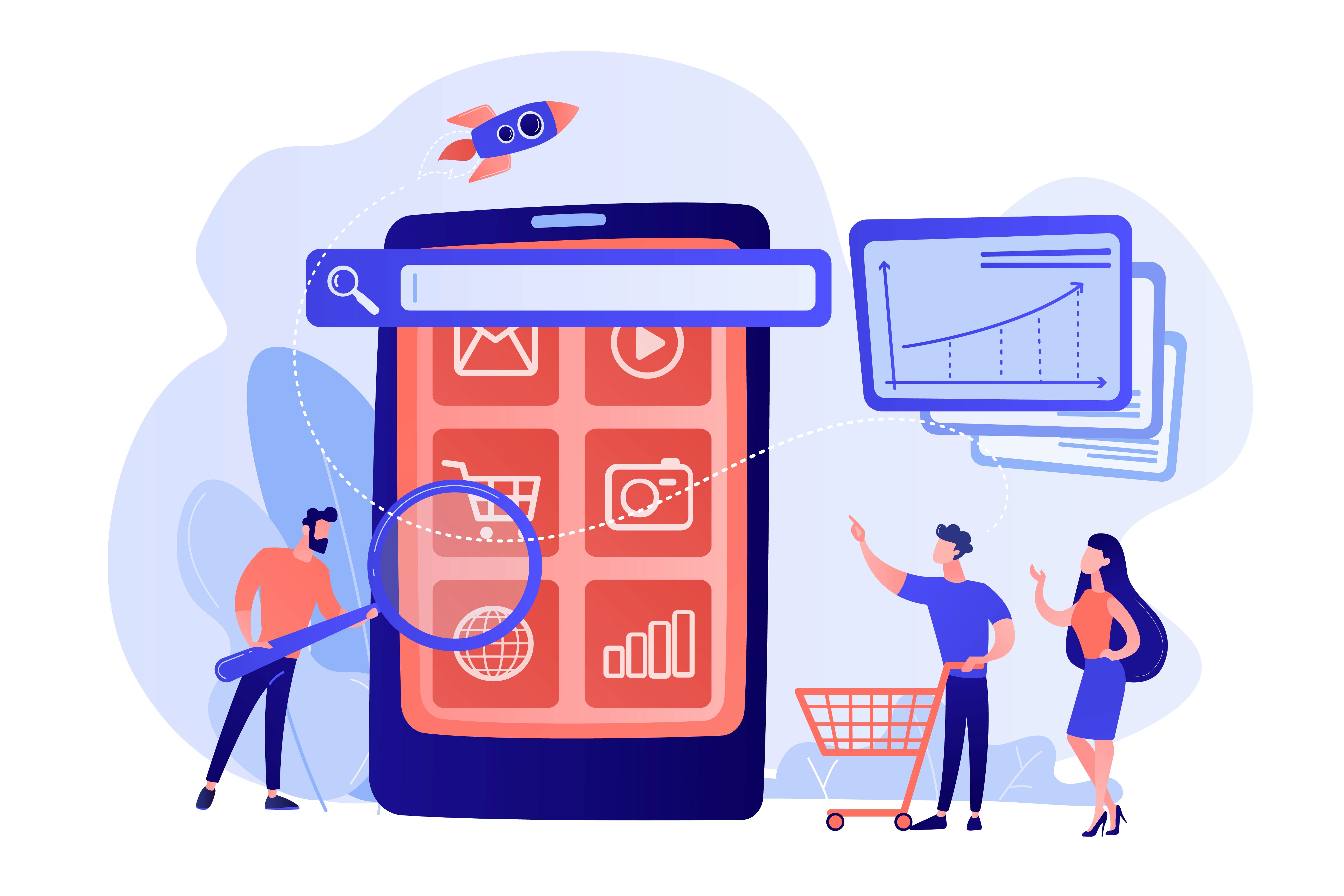 Flat illustration of marketers analyzing a mobile e-commerce app with growth charts and search tools