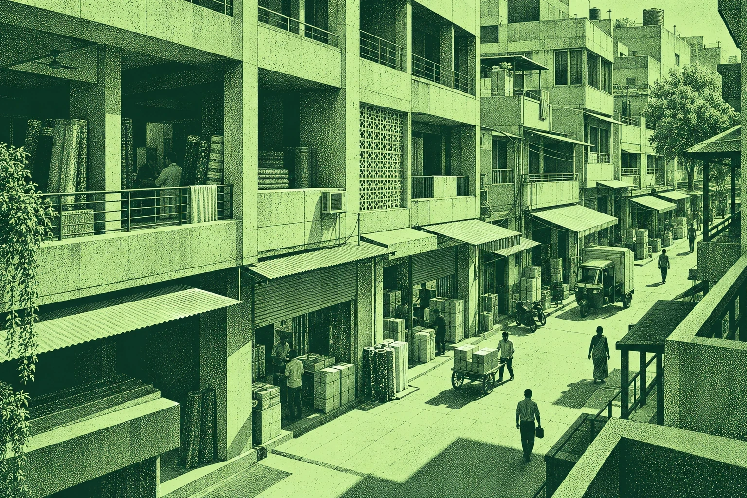 A trading street with concrete shopfronts, small businesses, carts and people in an Indian-inspired city.