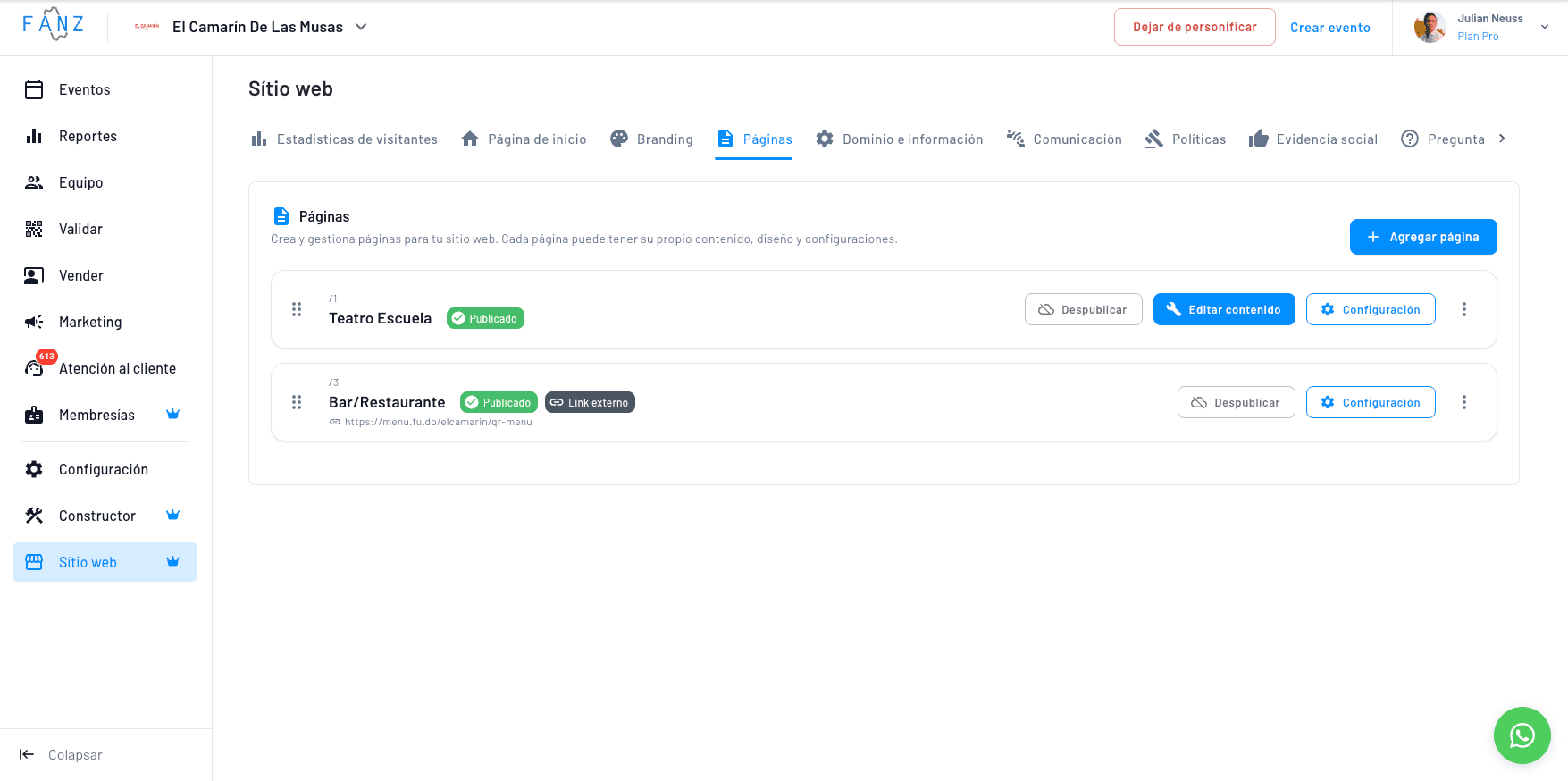 captura del panel de fanz para configurar la marca blanca