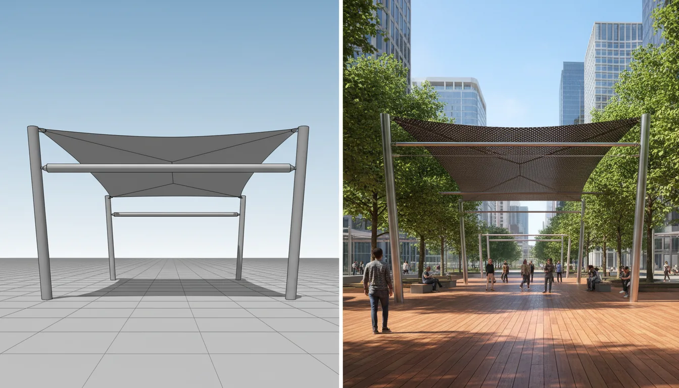 A high-fidelity, side-by-side split image demonstrating architectural visualization. The left panel shows a raw 3D model in the style of SketchUp, featuring a modern tensile canopy structure with untextured, solid gray surfaces, basic shading, and a simple blue sky. The right panel shows the same scene as a photorealistic 3D render, captured with the quality of a DSLR photo under bright natural daylight, featuring the canopy made of a dark perforated metal, a public plaza with warm wood planking, lush green trees, distant city skyscrapers, and small groups of people interacting in the space.