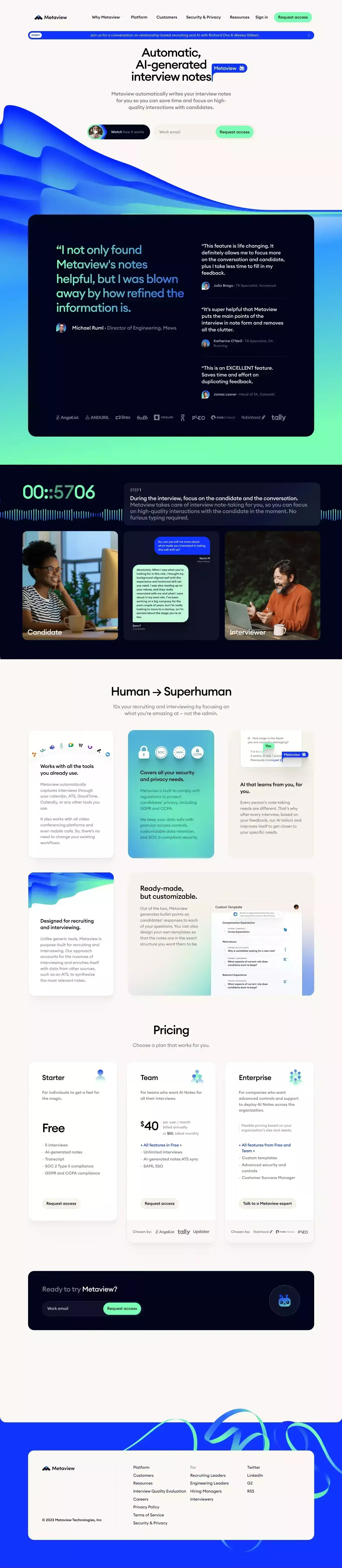 Automatic, AI-generated interview notes landing page screenshot showcasing HR and Tech design