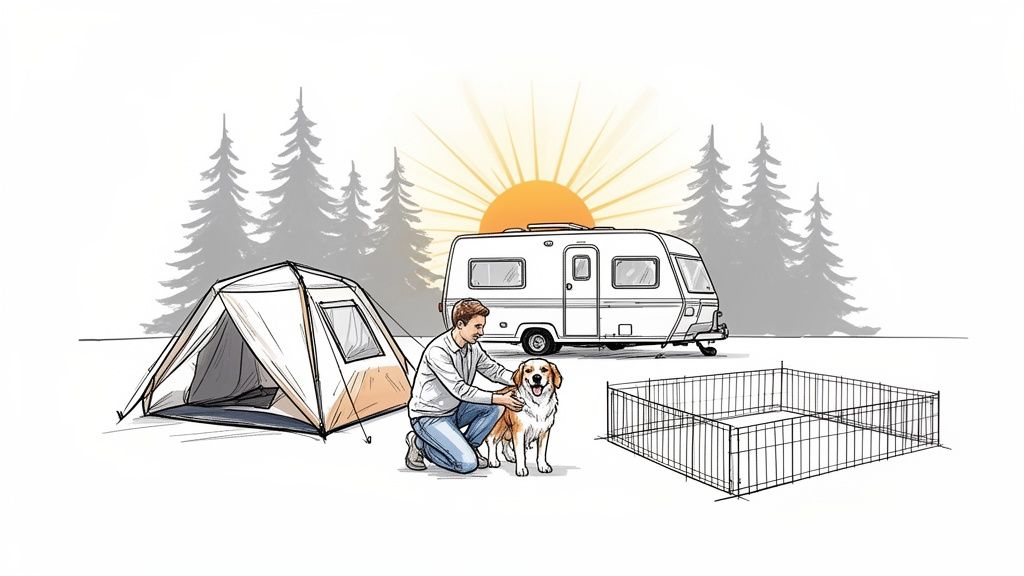 Man petting a golden retriever at a campsite with a tent, caravan, and dog enclosure.