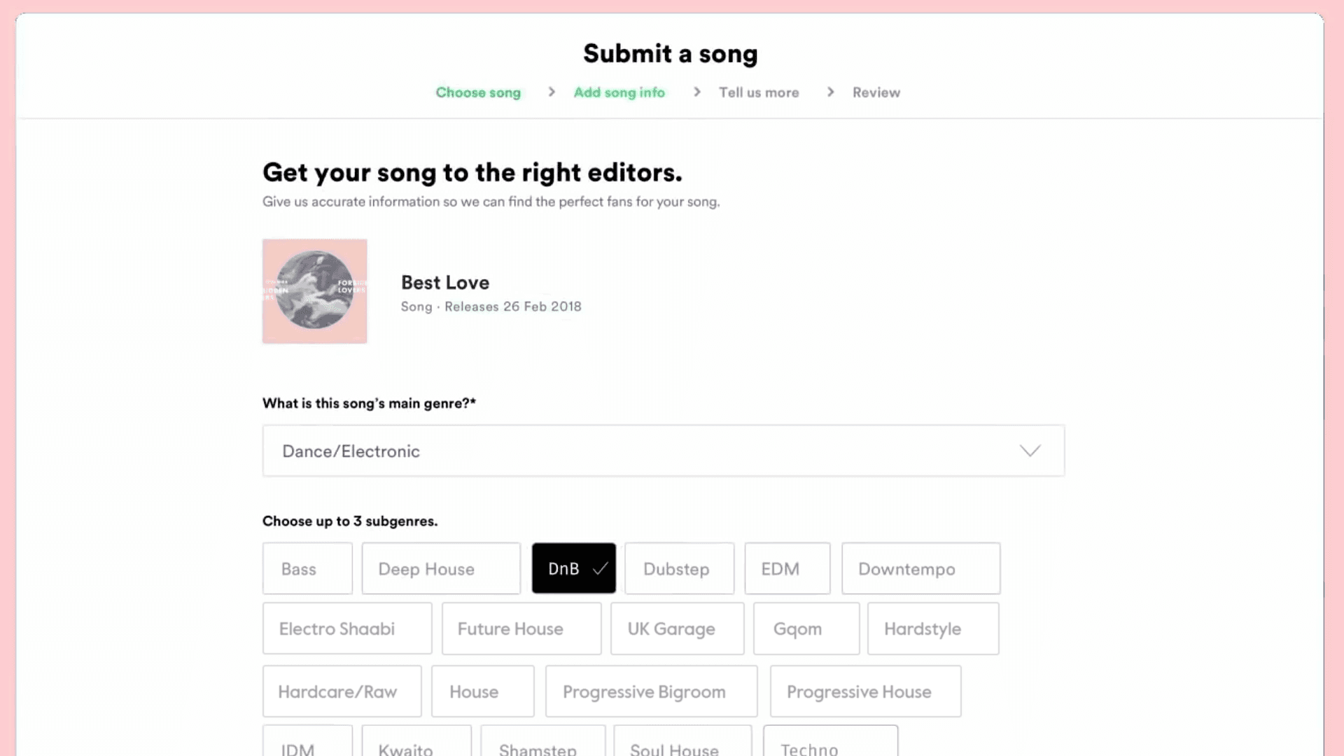 Screen view of Submit a Song interface showing genre selection and upload process