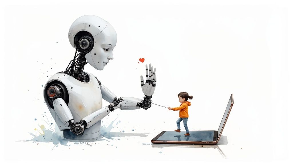 Robot humanoïde offrant un cœur à un enfant sur smartphone symbolisant l'intelligence artificielle et la communication
