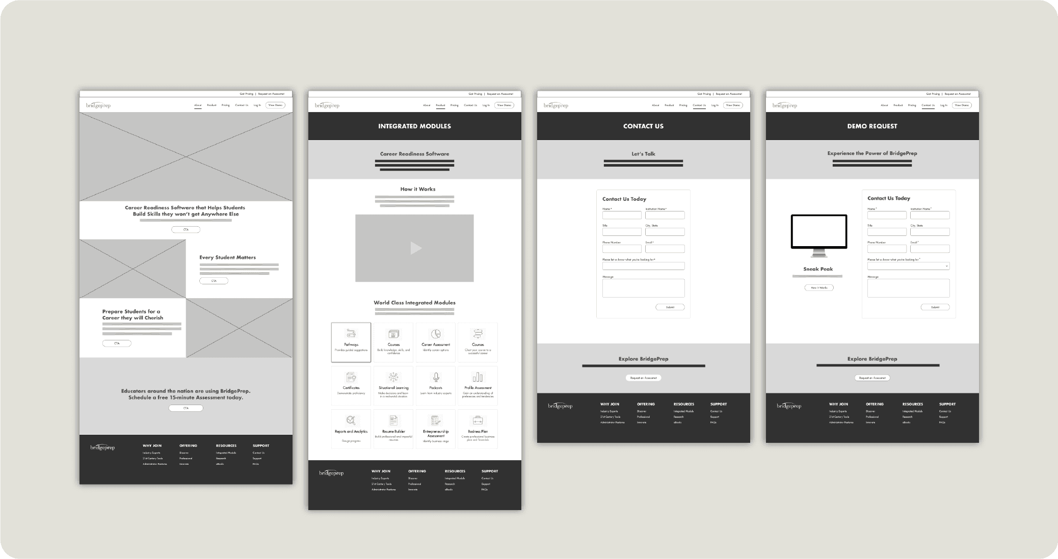 BridgePrep web design wireframes