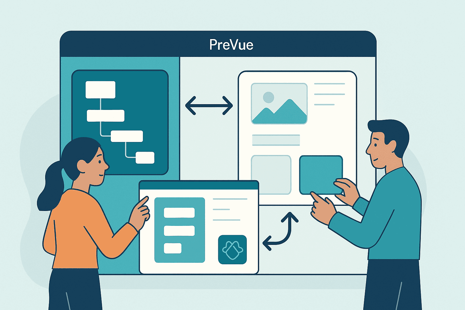“Flat illustration of a designer and engineer collaborating on a shared PreVue canvas, showing a synced component tree on the left and draggable visual layout on the right.”