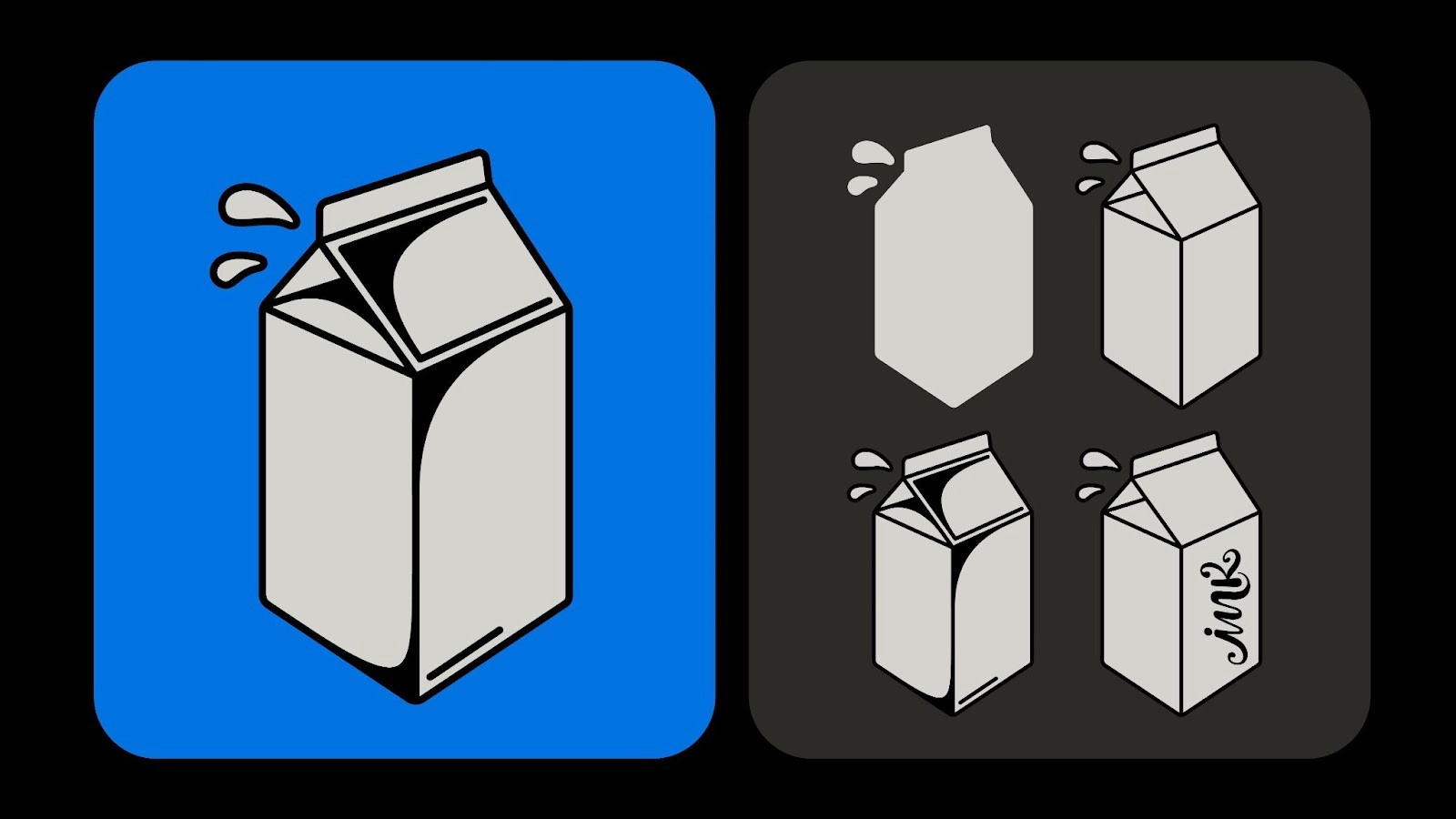 Imagem mostra a aplicação das caixas de leite na identidade da Milk Ink.