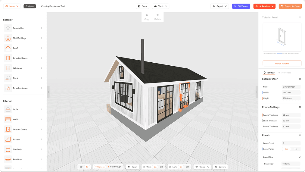 Preview of the exterior 3D mode of the Fieldstone Cabin in Tiny Easy's 3D Design Software