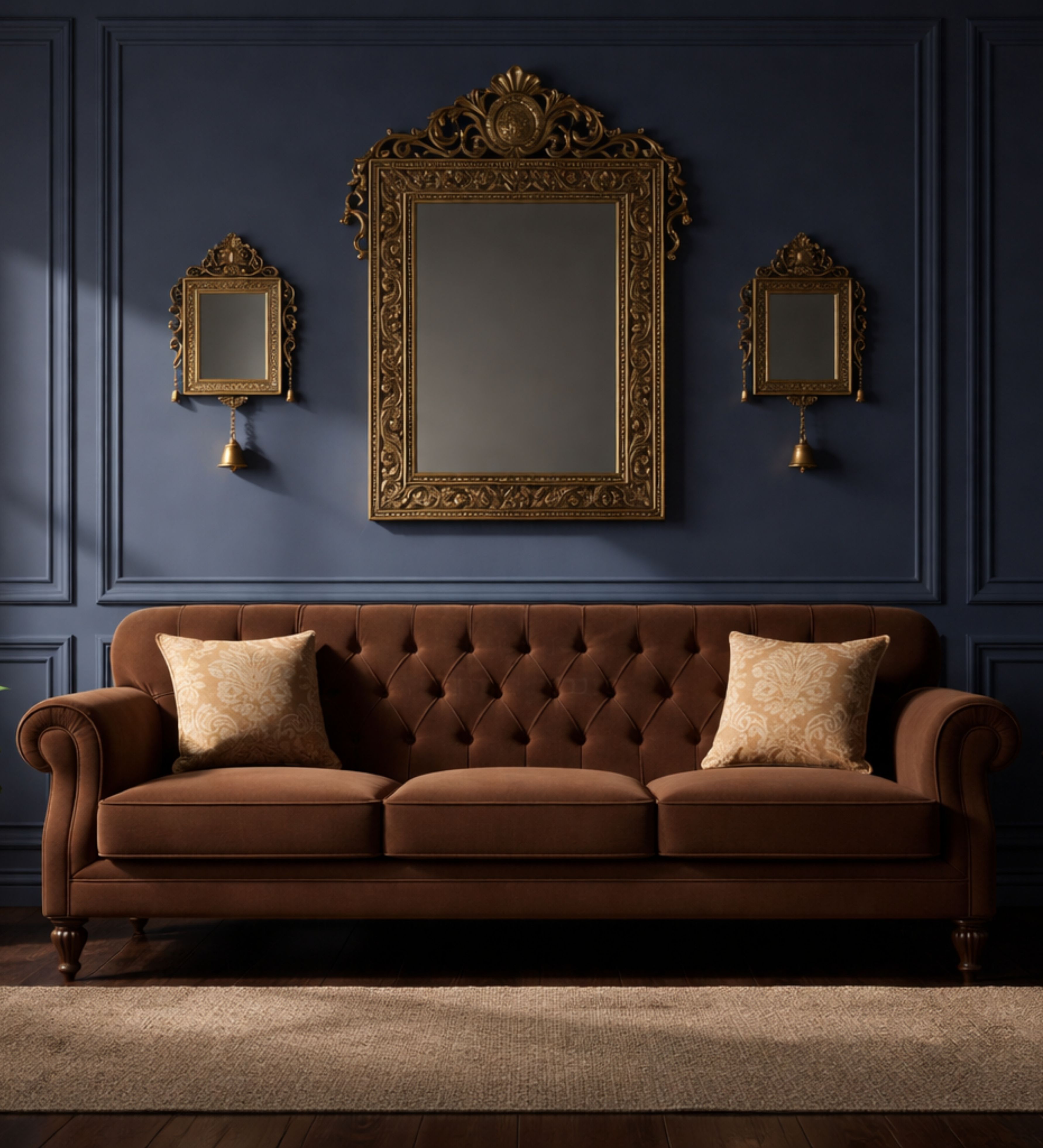 Plum velvet 3-seater with channel tufting and gold-toned legs.